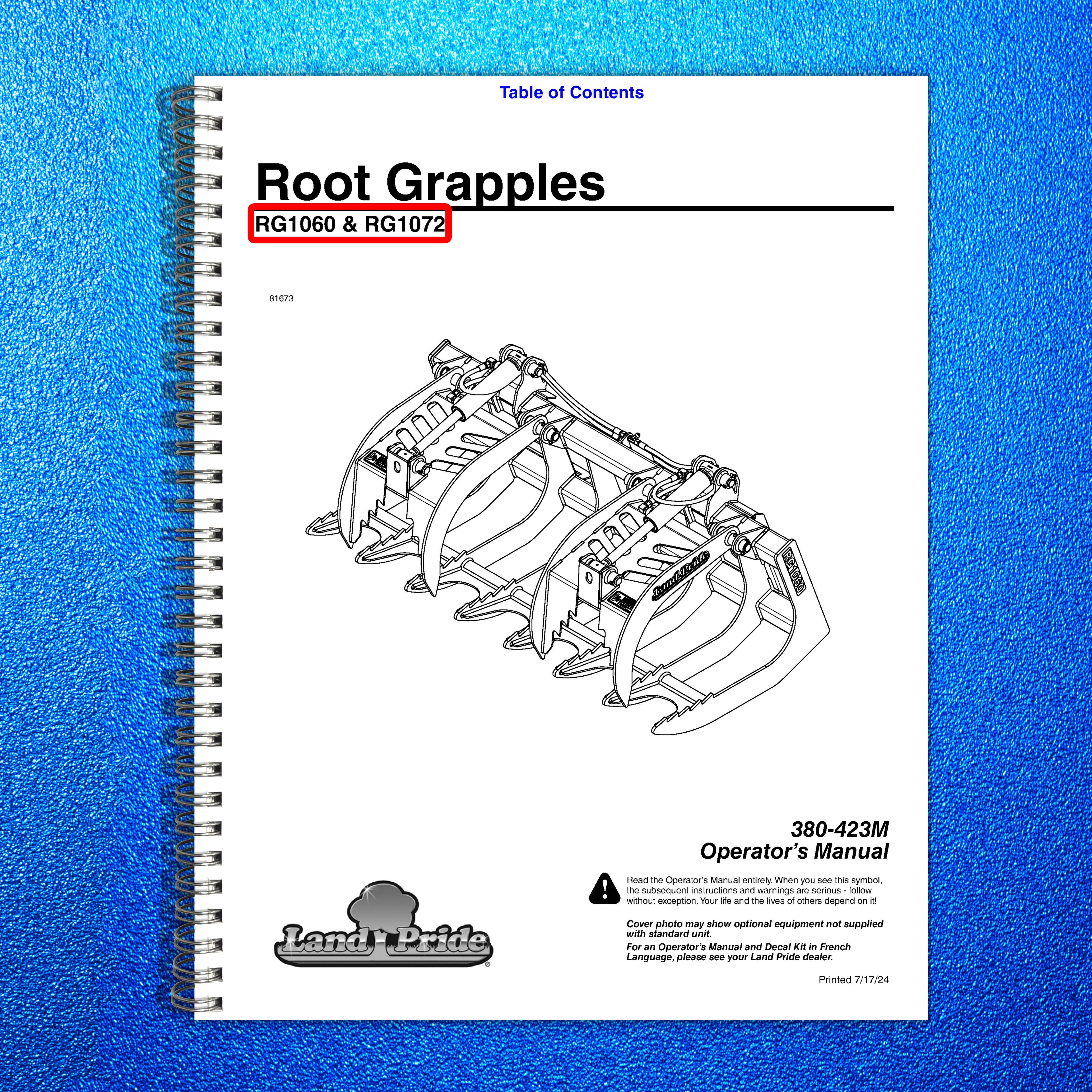 LAND PRIDE RG10 Series Root Grapples Operators Manual - WIRE BOUND - COVERS