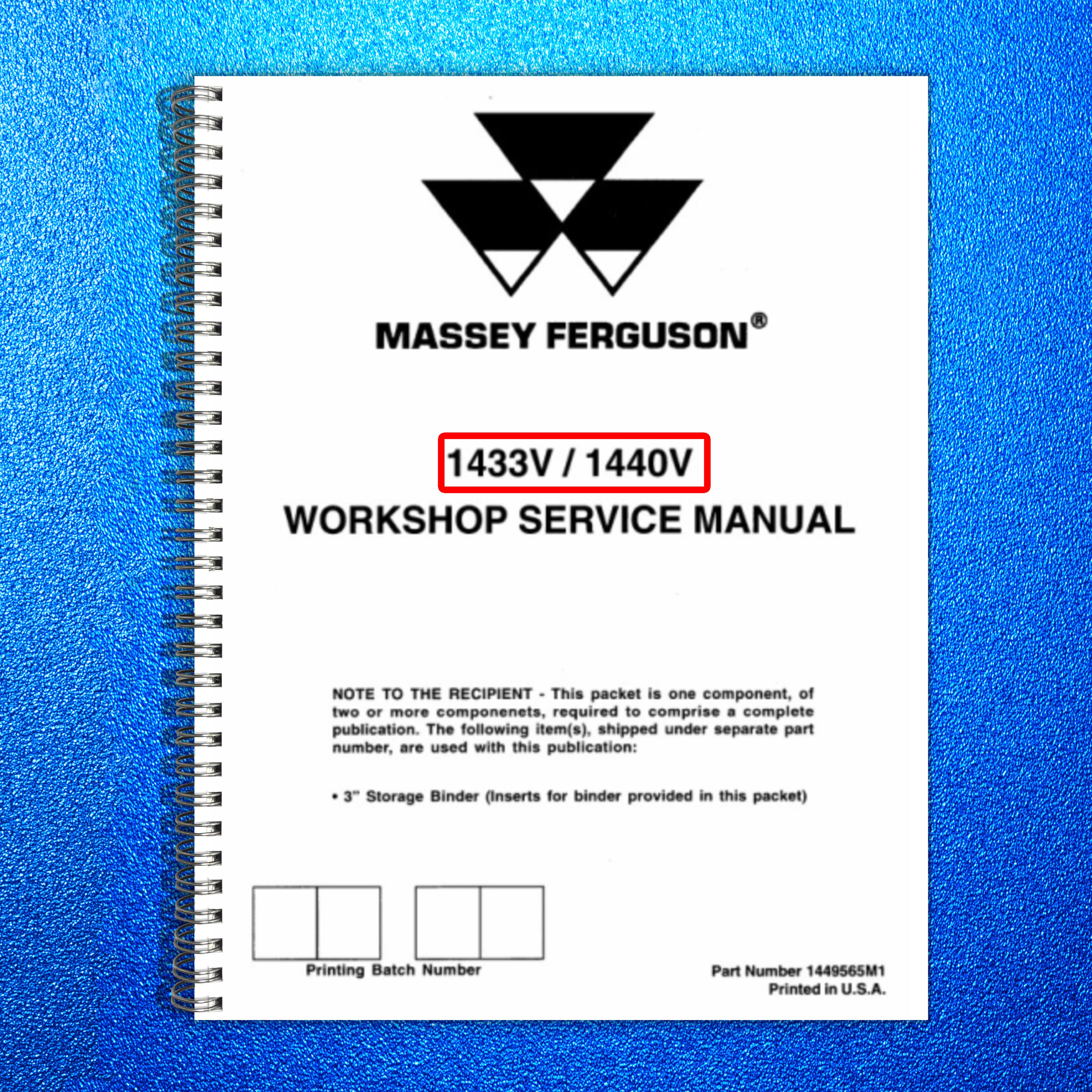 MASSEY FERGUSON 1433V 1440V Workshop Service Manual - WIRE BOUND - TOUGH COVERS