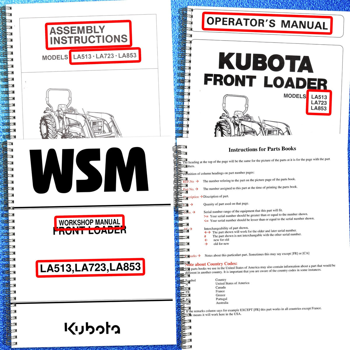KUBOTA LA513 LA723 LA853 Operators & Assembly & Service & Parts Manual BUNDLE