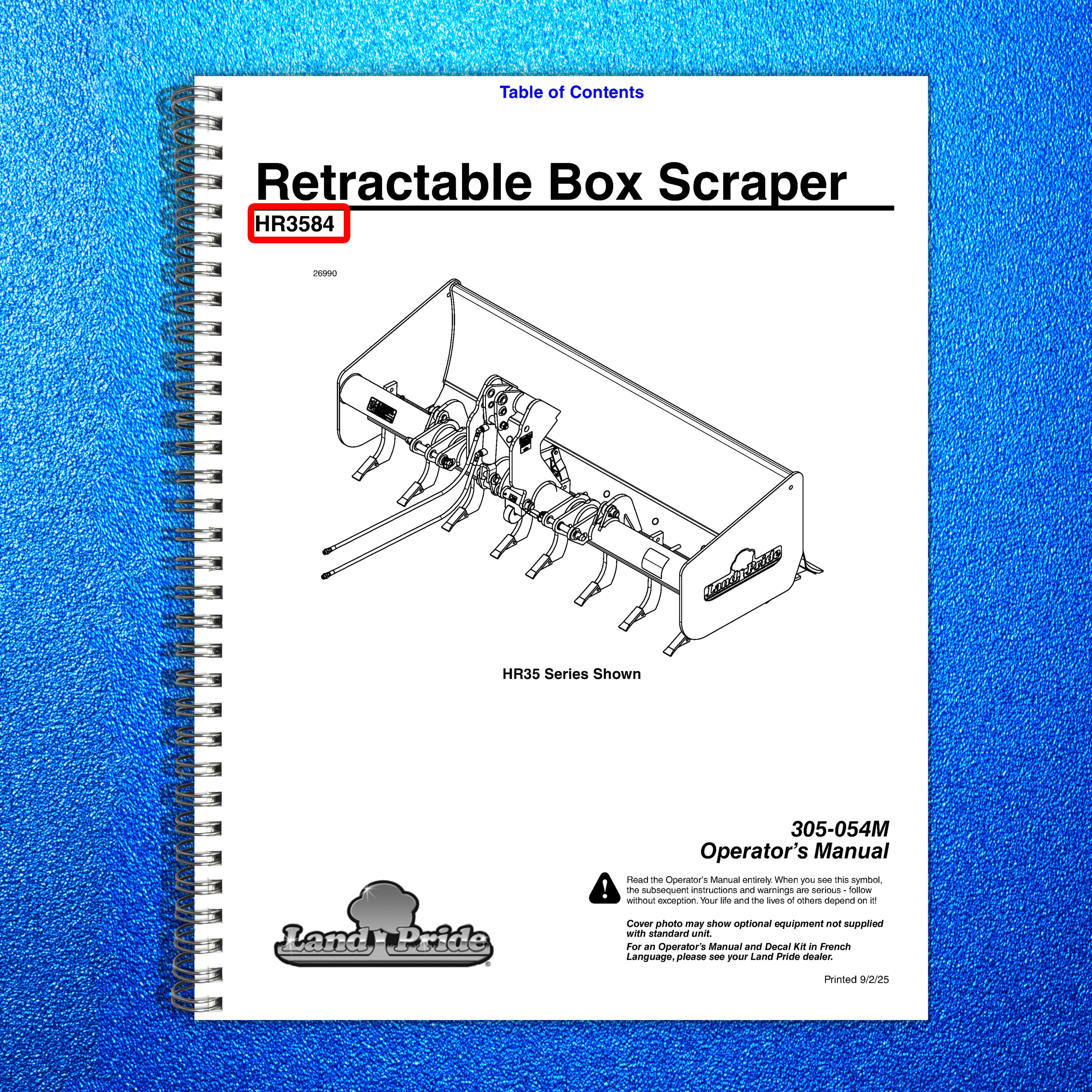 LAND PRIDE HR3584 Box Scrapers Operators Manual - WIRE BOUND - TOUGH COVERS