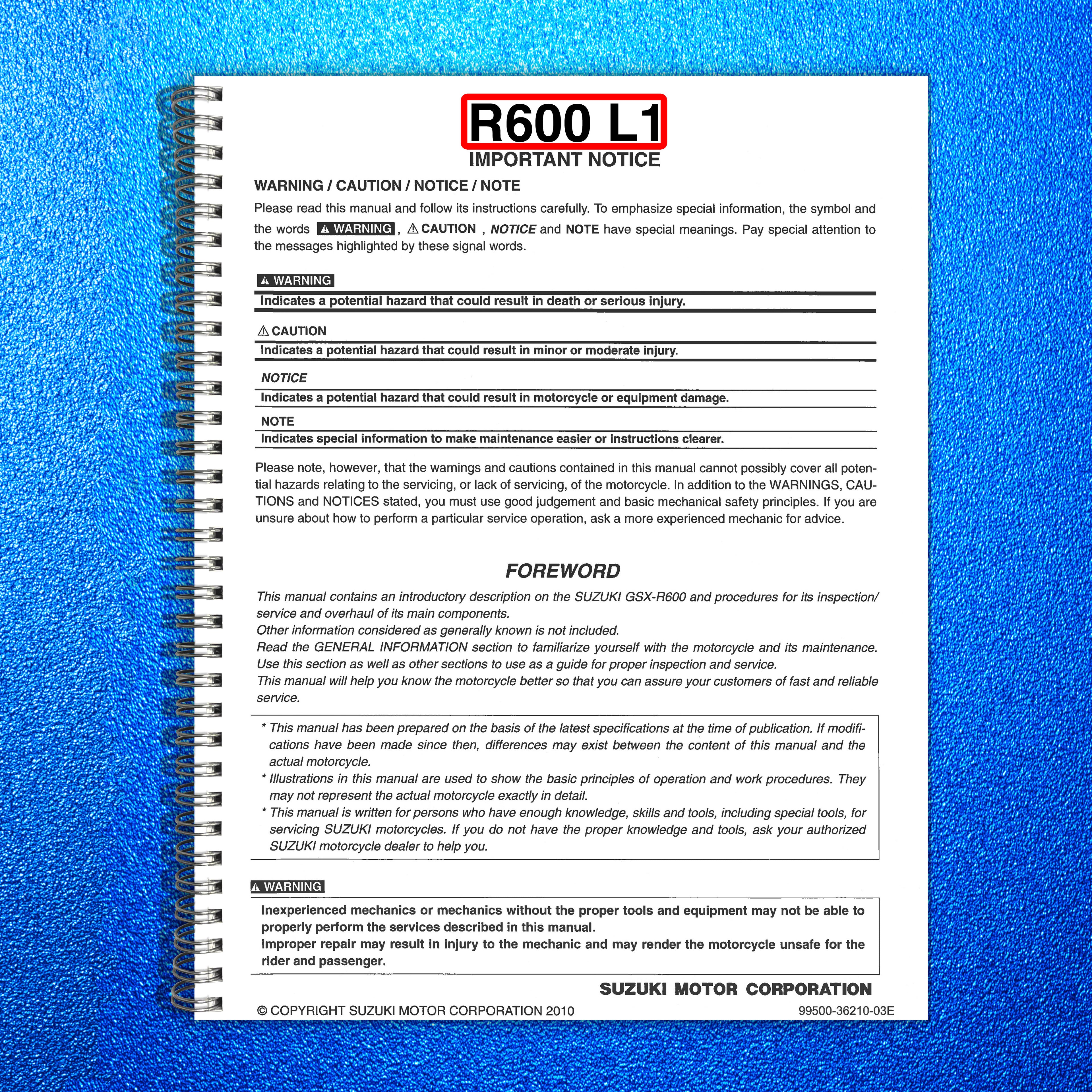 SUZUKI GSX-R600 L1 Motorcycle Service Manual 2011 - WIRE BOUND - TOUGH COVERS