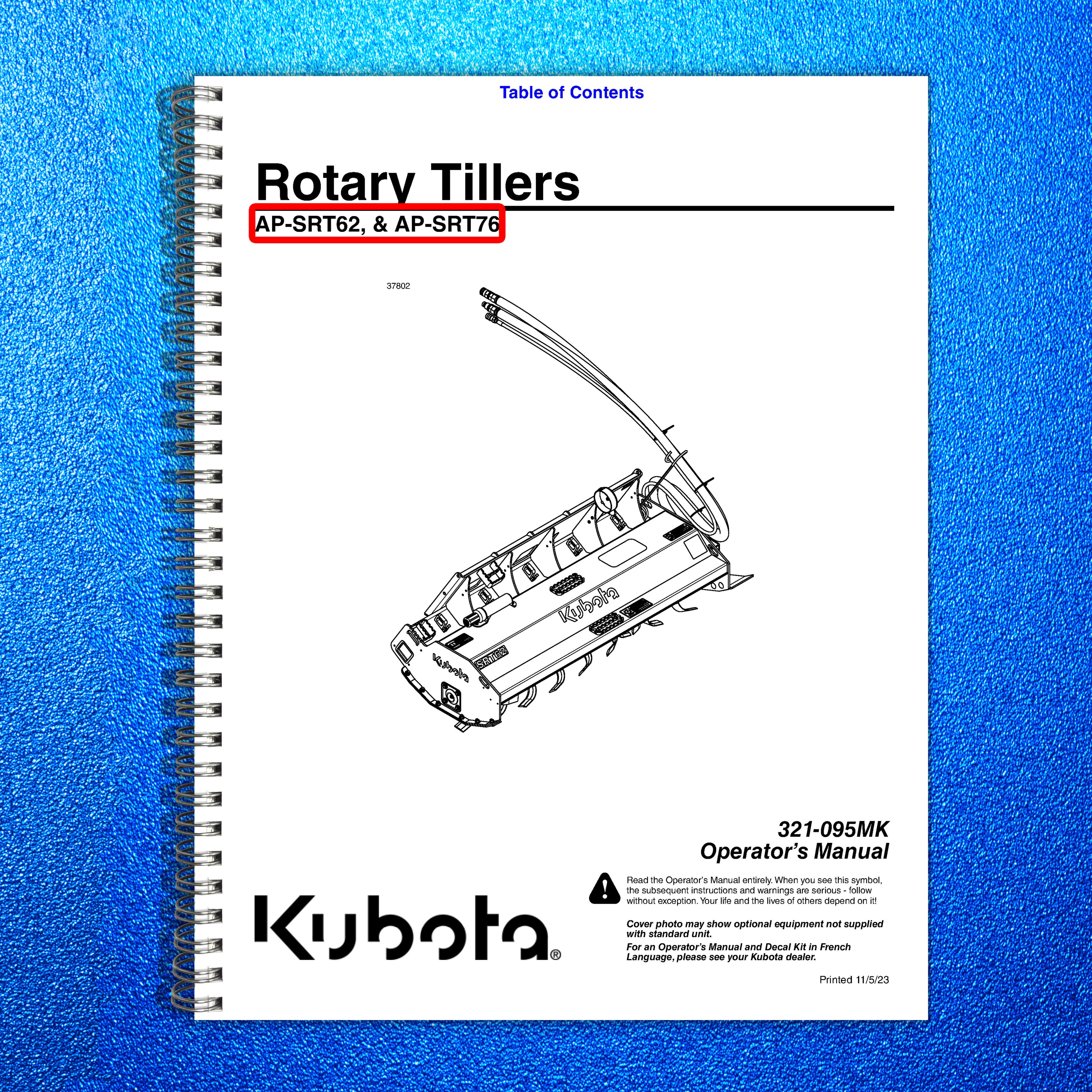 KUBOTA Land Pride AP-SRT62 AP-SRT76 Rotary Tiller Operators Manual - WIRE BOUND