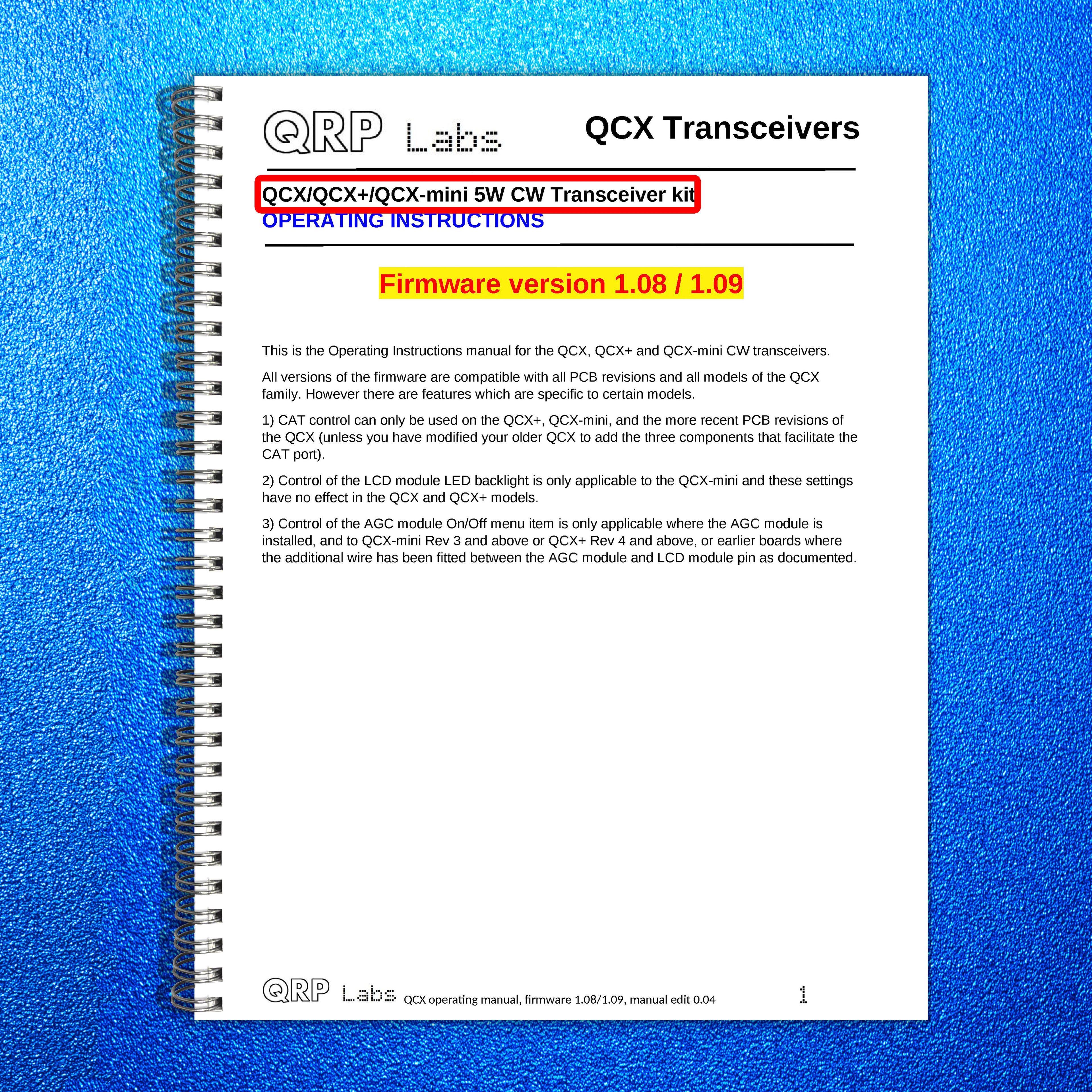 QRP LABS QCX CW Transceiver Operating Manual - STEEL WIRE BOUND - TOUGH COVERS