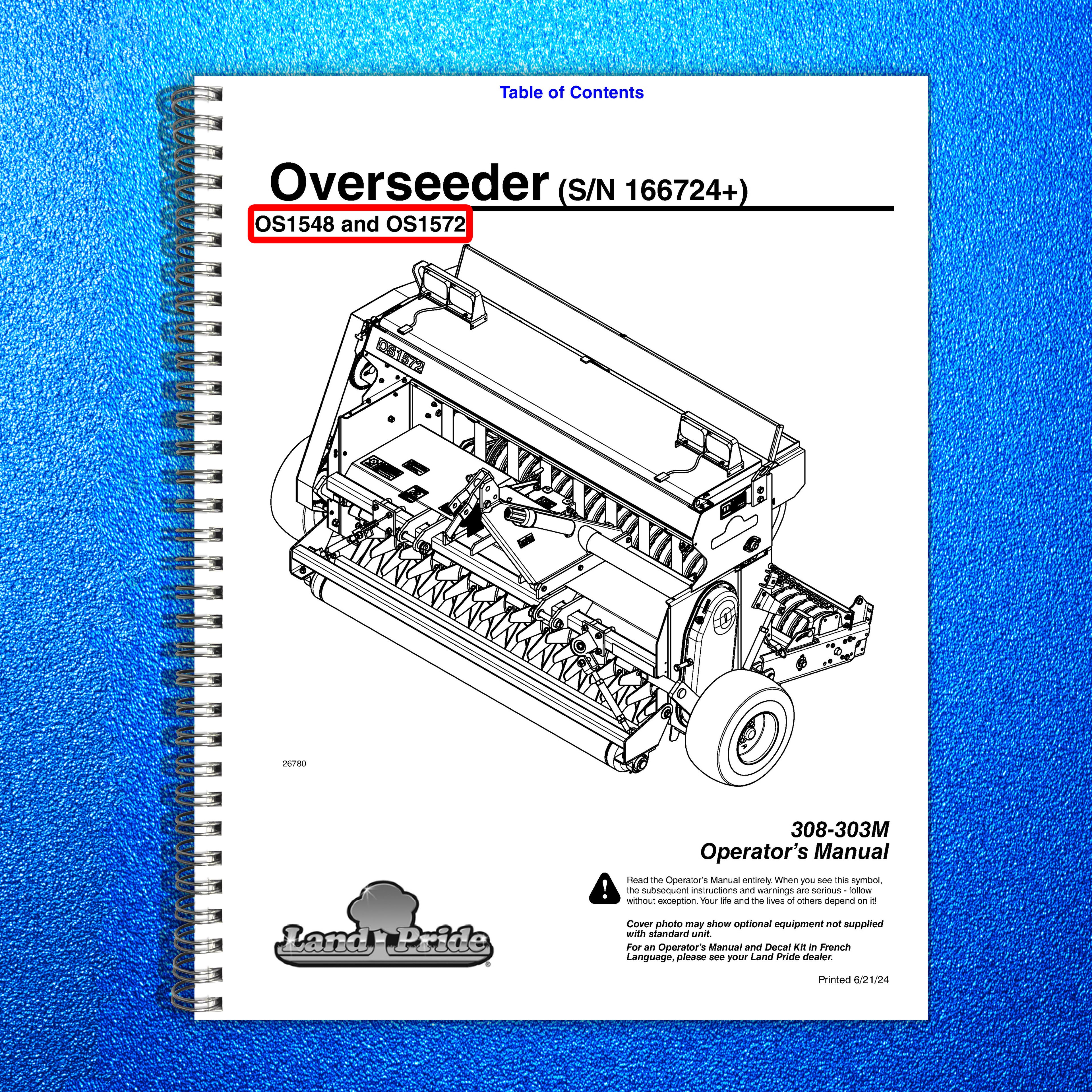 LAND PRIDE OS15 Series Overseeders Operators Manual - WIRE BOUND - TOUGH COVERS