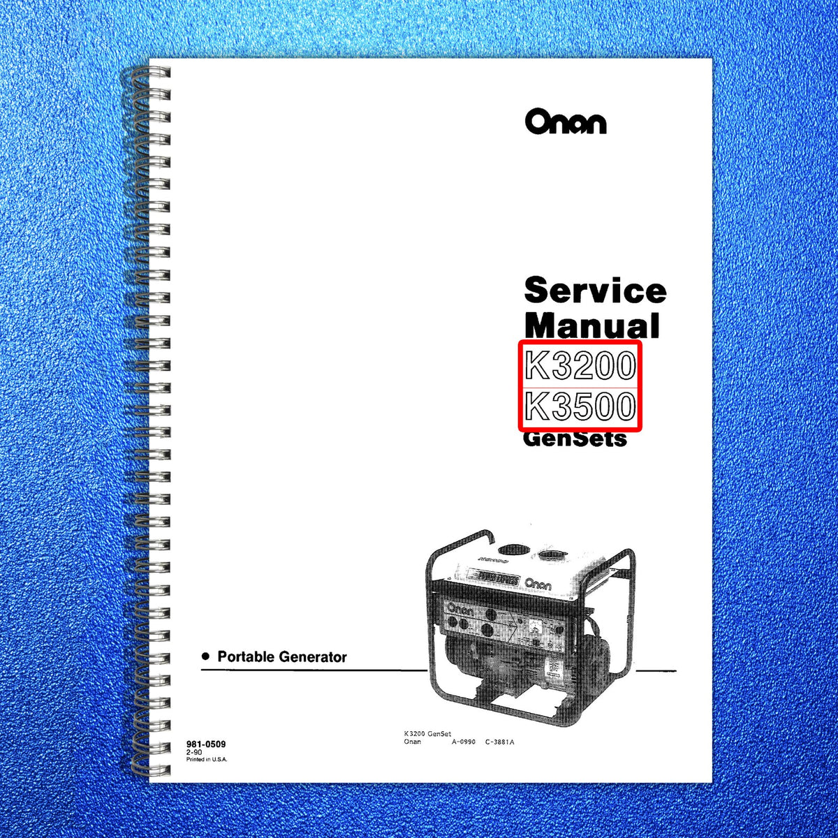 ONAN K3200 K3500 Portable Generator Service Manual 1990 - WIRE BOUND - COVERS