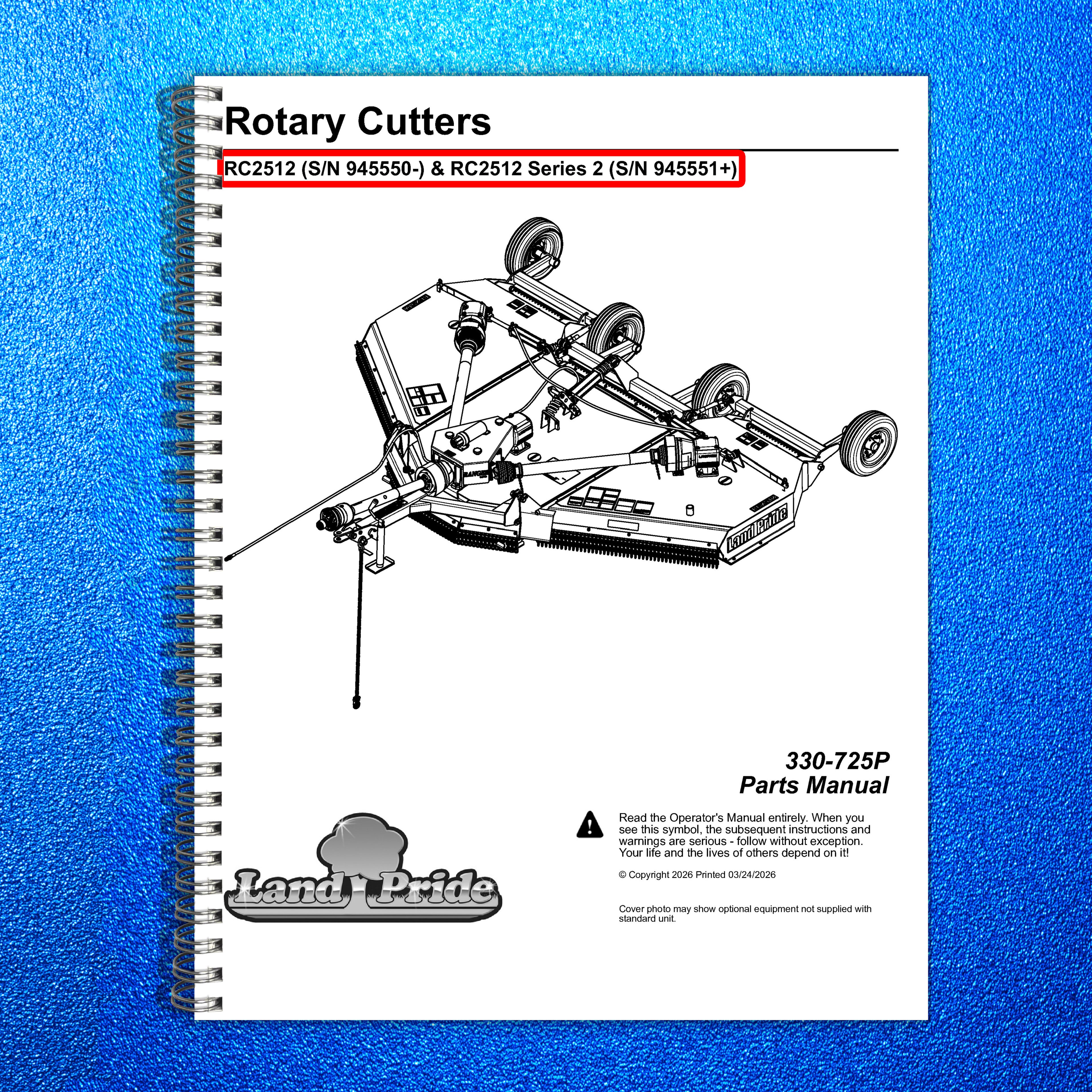 LAND PRIDE RC2512 Rotary Cutters Parts Manual 2026 - WIRE BOUND - TOUGH COVERS