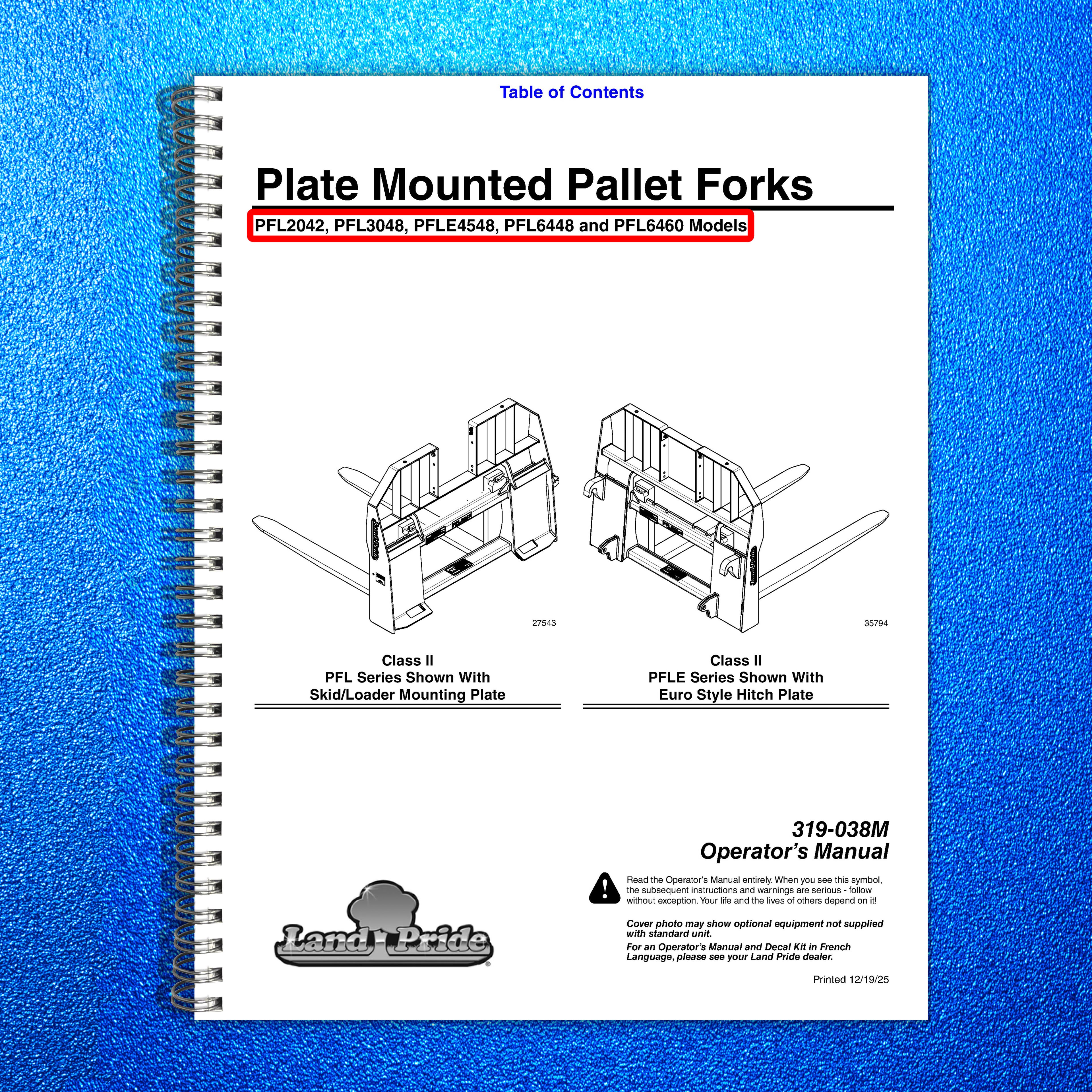 LAND PRIDE PFL20 PFL30 PFLE45 PFL64 Pallet Forks Operators Manual - WIRE BOUND