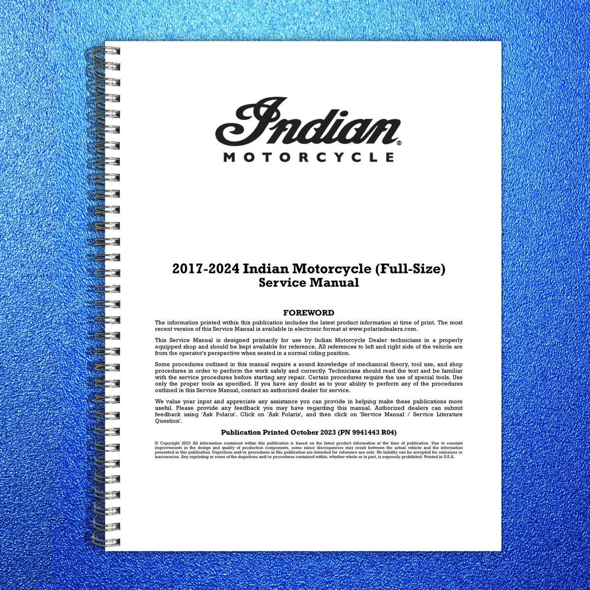 INDIAN Motorcycle Full-Size Service Manual 2017-2024 - WIRE BOUND - TOUGH COVERS
