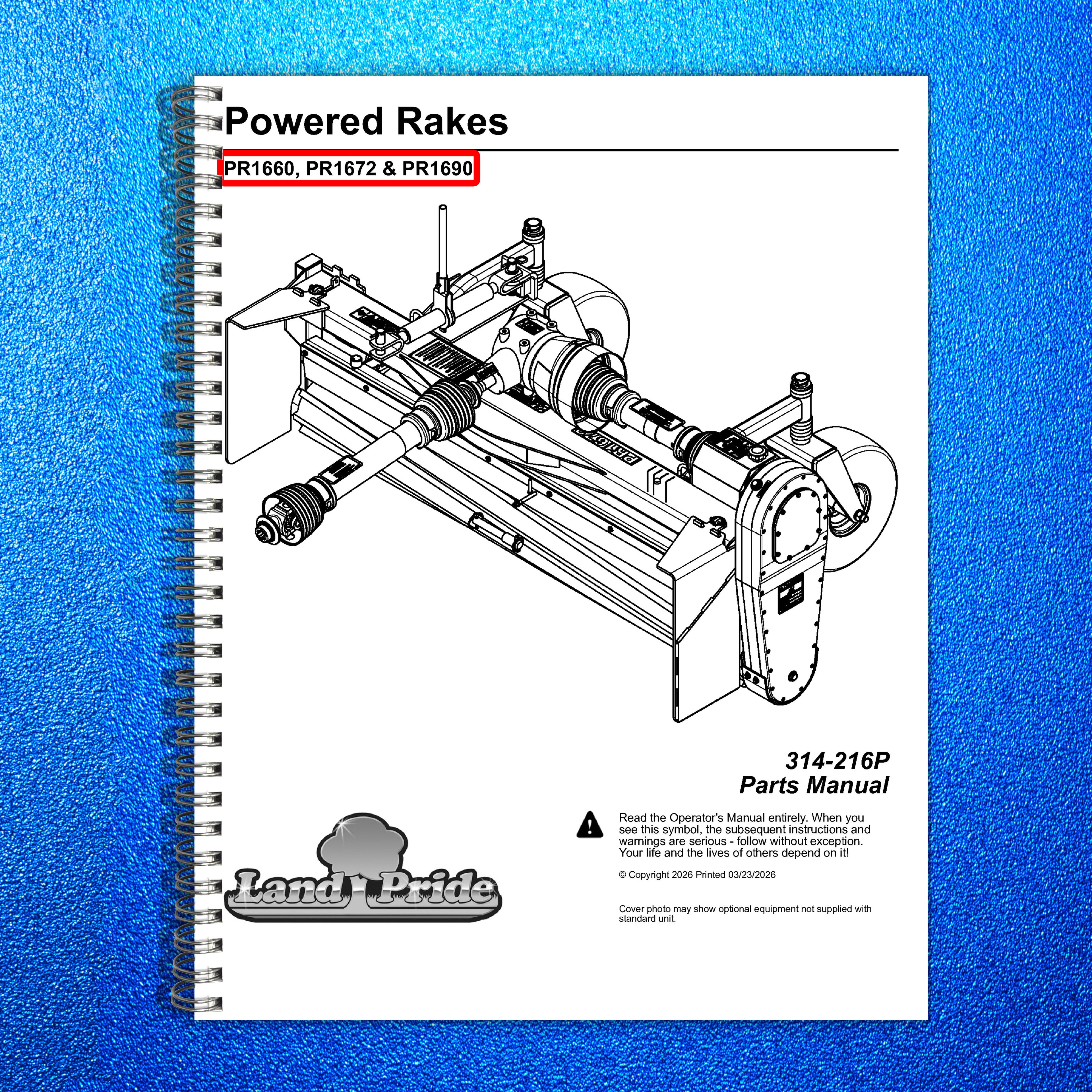 LAND PRIDE PR16 Series Powered Rakes Parts Manual 2026 - WIRE BOUND - COVERS