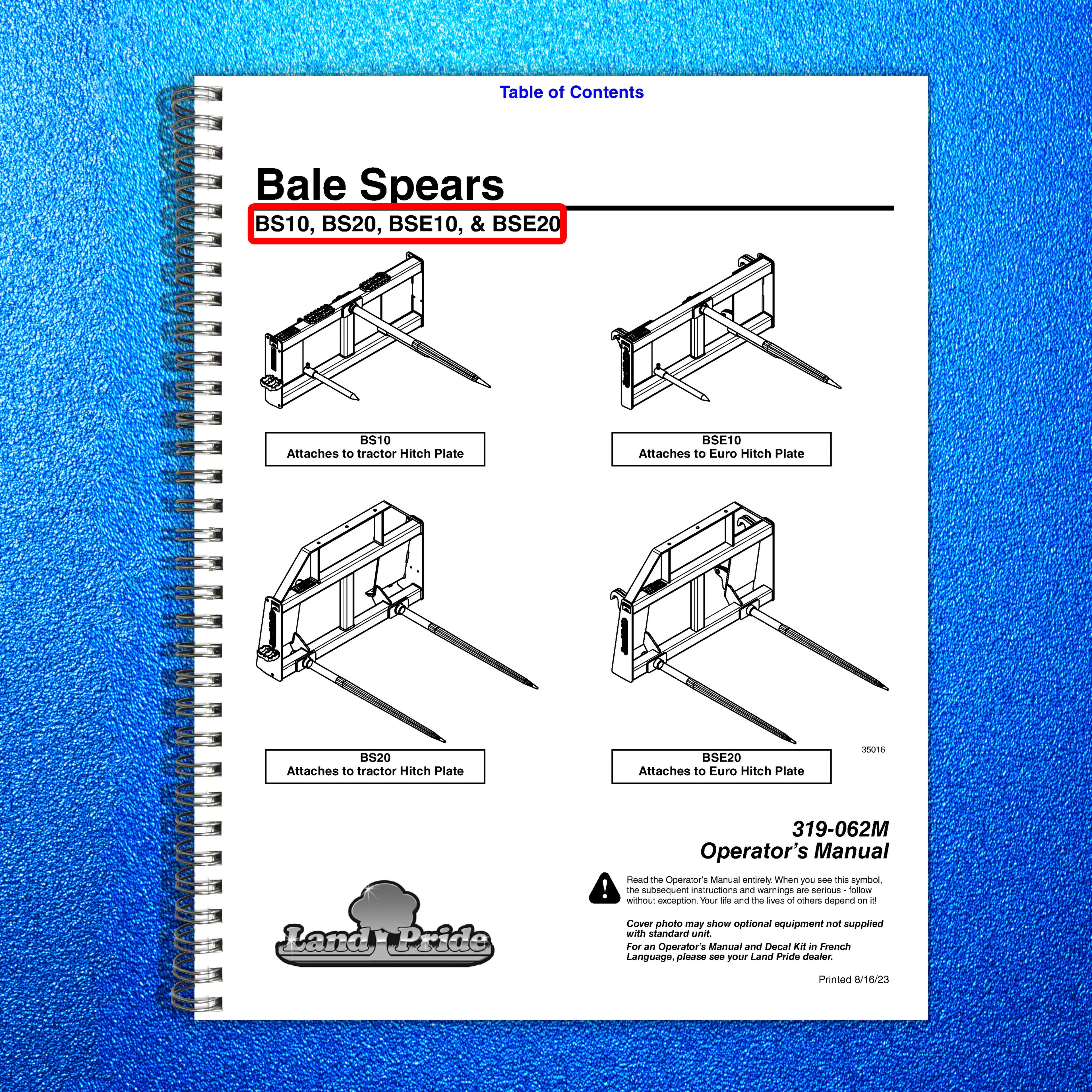LAND PRIDE BS10 BS20 BSE20 Series Bale Spears Operators Manual - WIRE BOUND