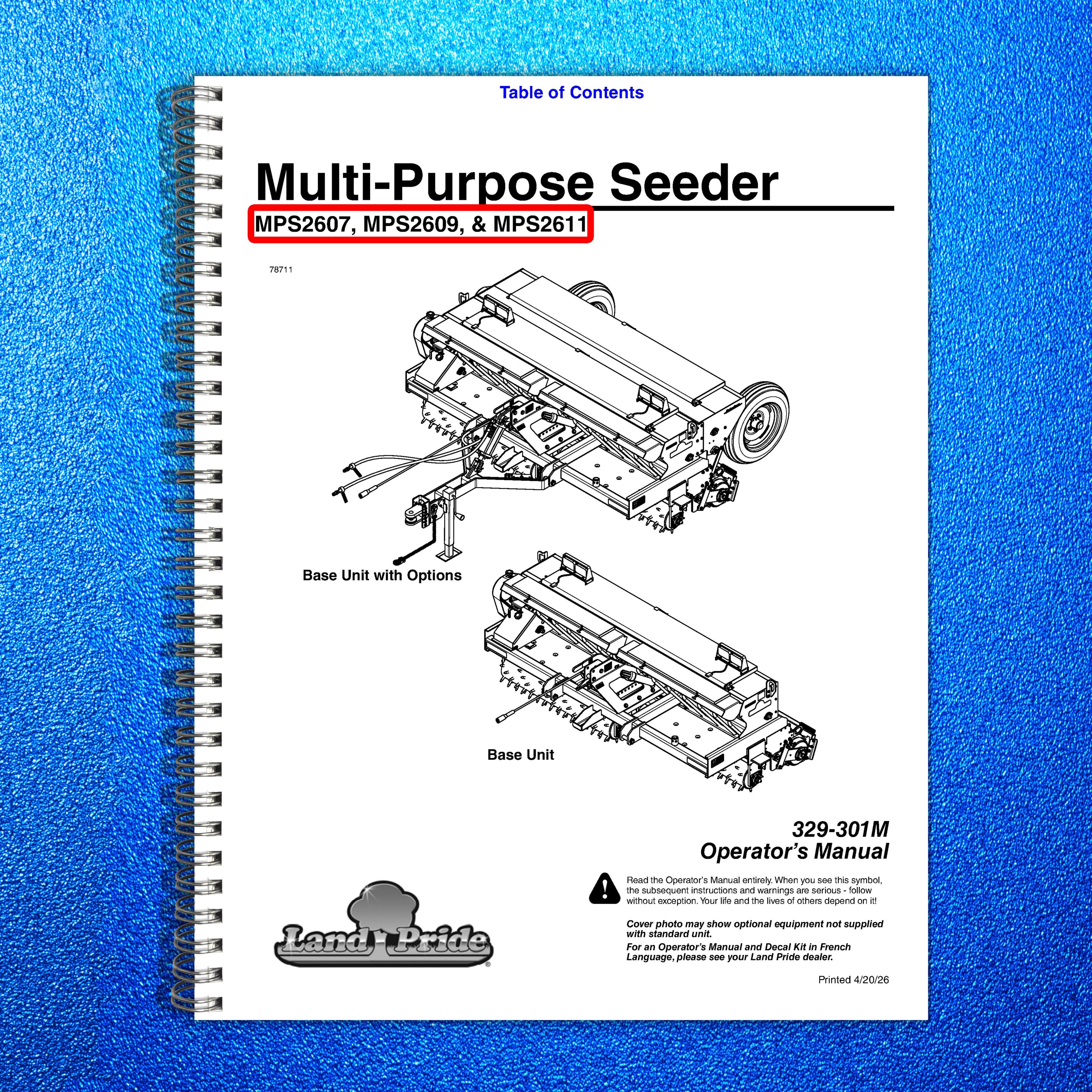 LAND PRIDE MPS26 Series Multi-purpose Seeder Operators Manual - WIRE BOUND