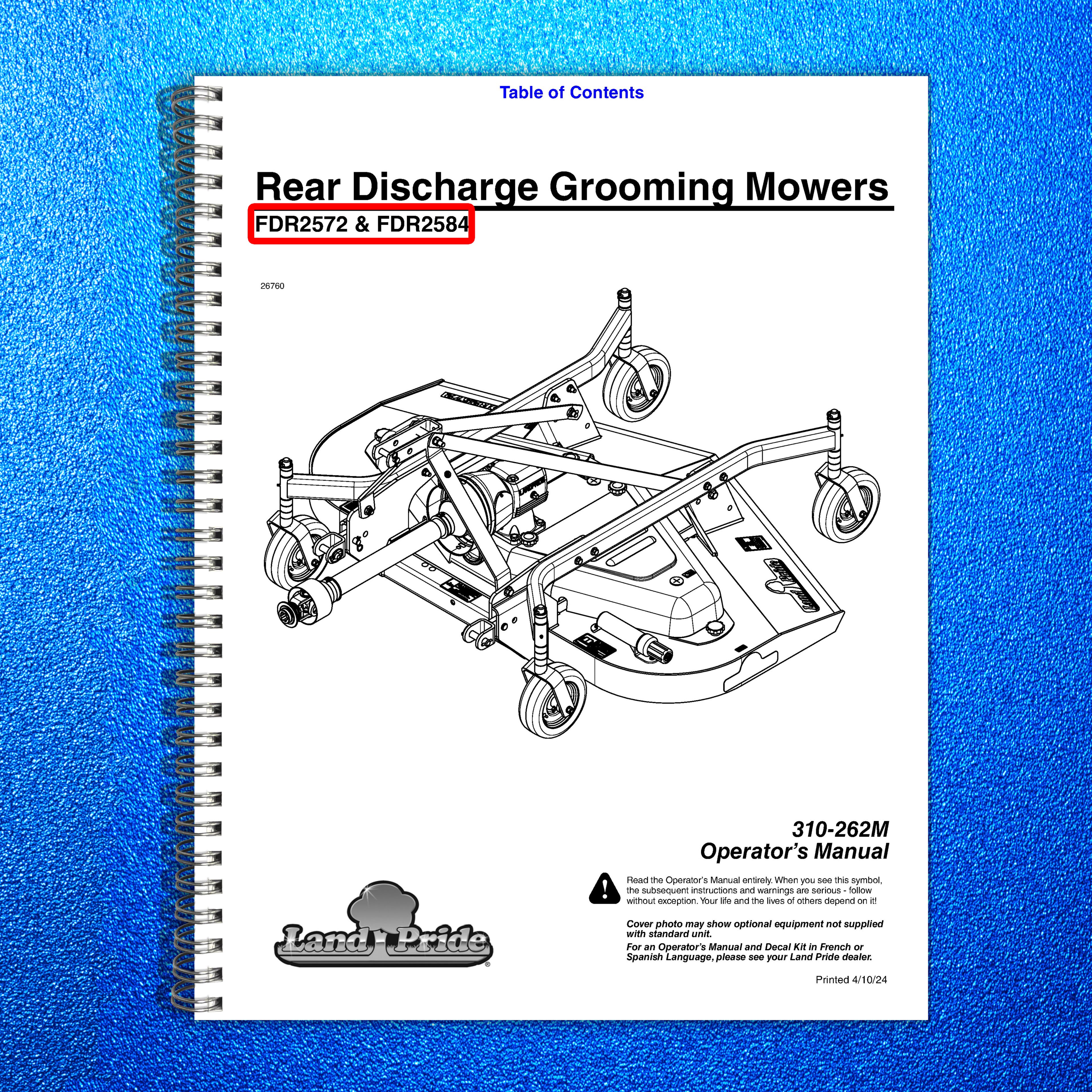 LAND PRIDE FDR2572 FDR2584 Grooming Mowers Operators Manual 2024 - WIRE BOUND