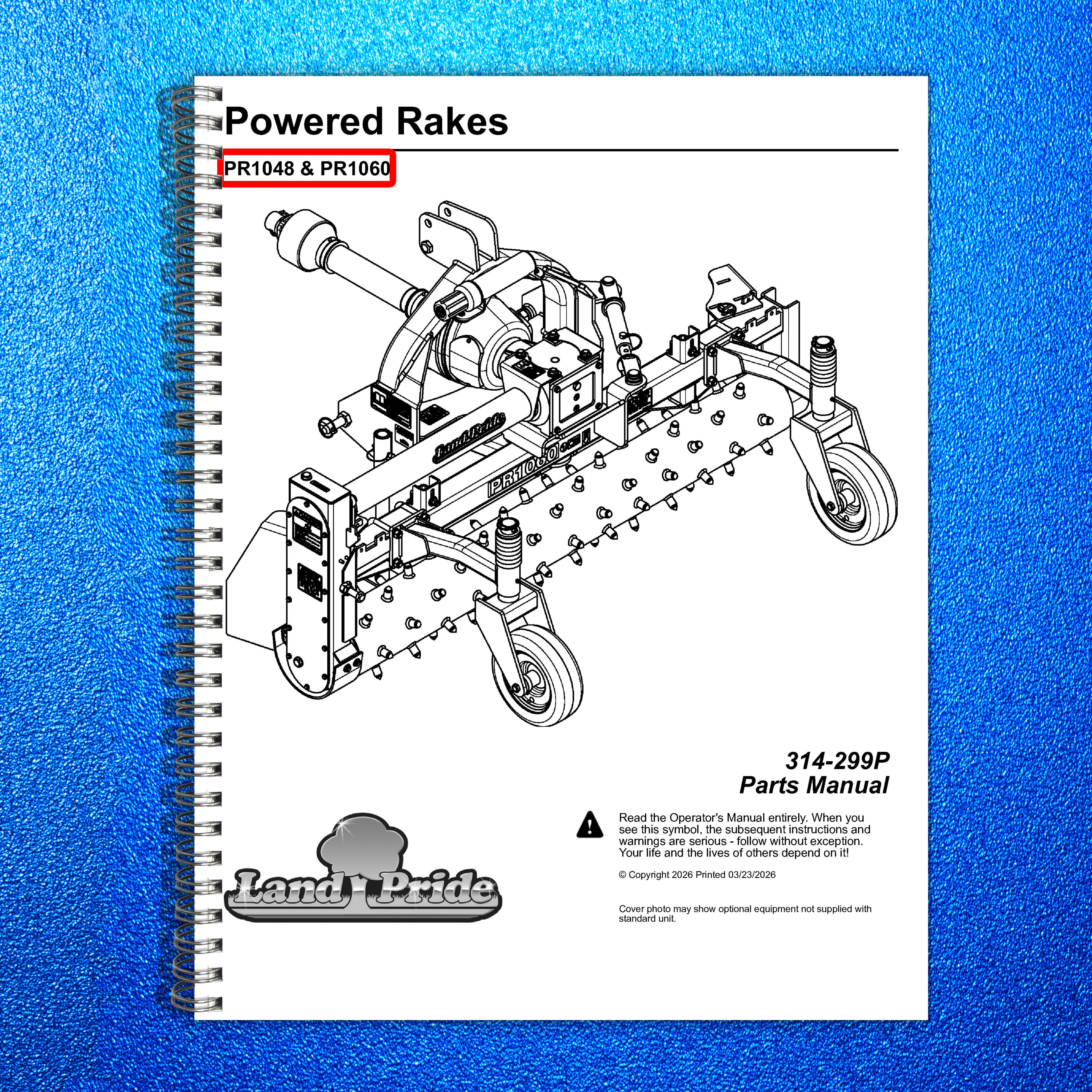 LAND PRIDE PR10 Series Powered Rake Parts Manual 2026 - WIRE BOUND - COVERS
