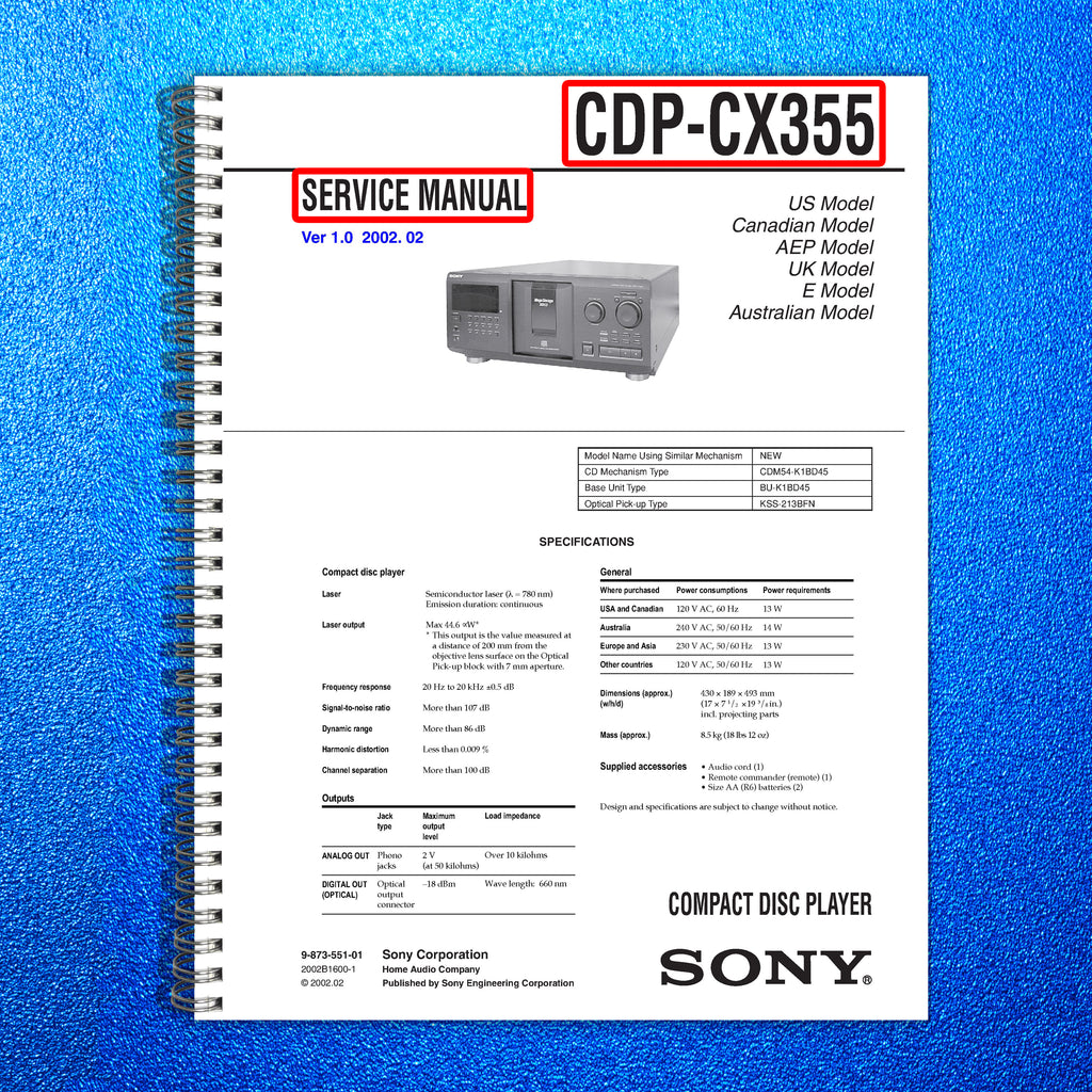 SONY CDPCX355 300 Disc CD Changer User Manual Operation Guide Tough Wire Binding