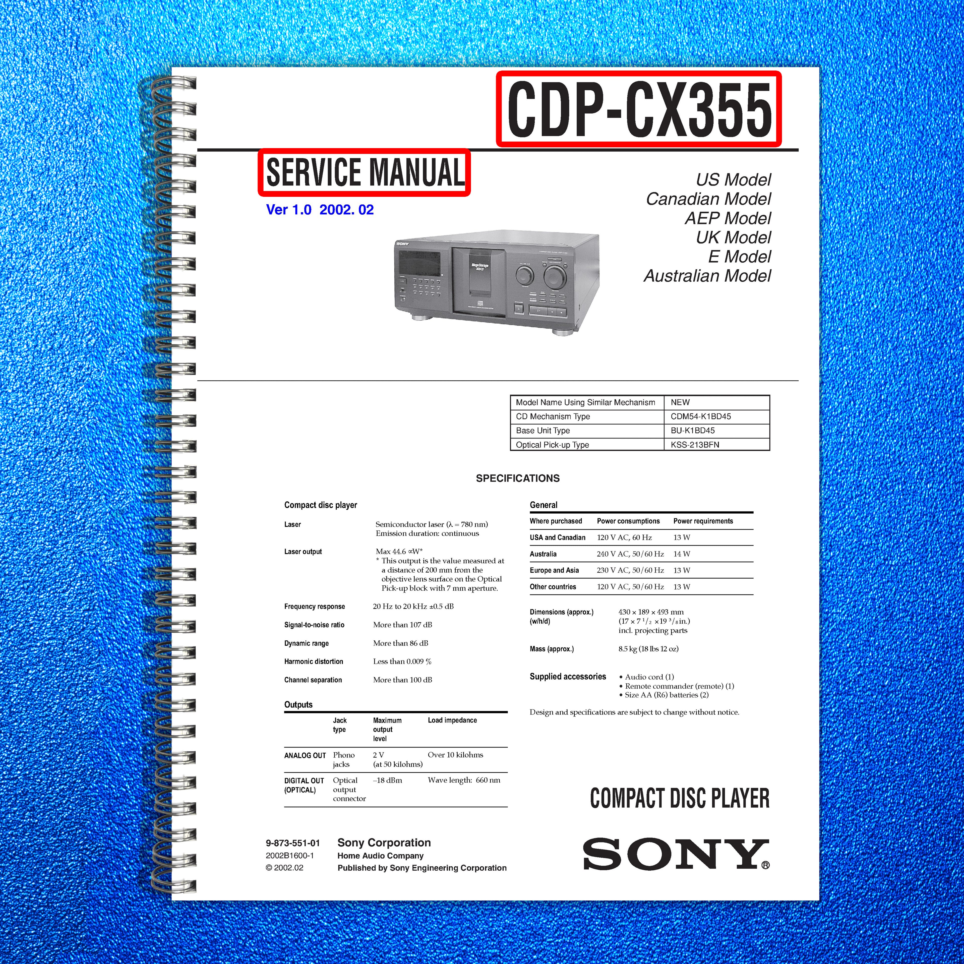 SONY CDPCX355 300 Disc CD Changer User Manual Operation Guide Tough Wire Binding
