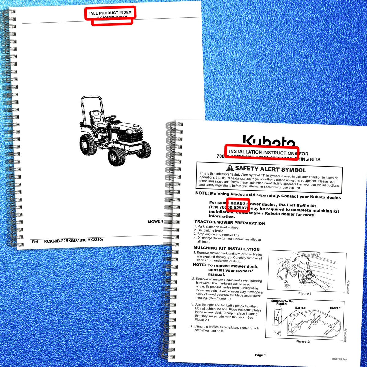 KUBOTA RCK60B-22BX 60in Mower Parts & Operators & Installation Manual BUNDLE