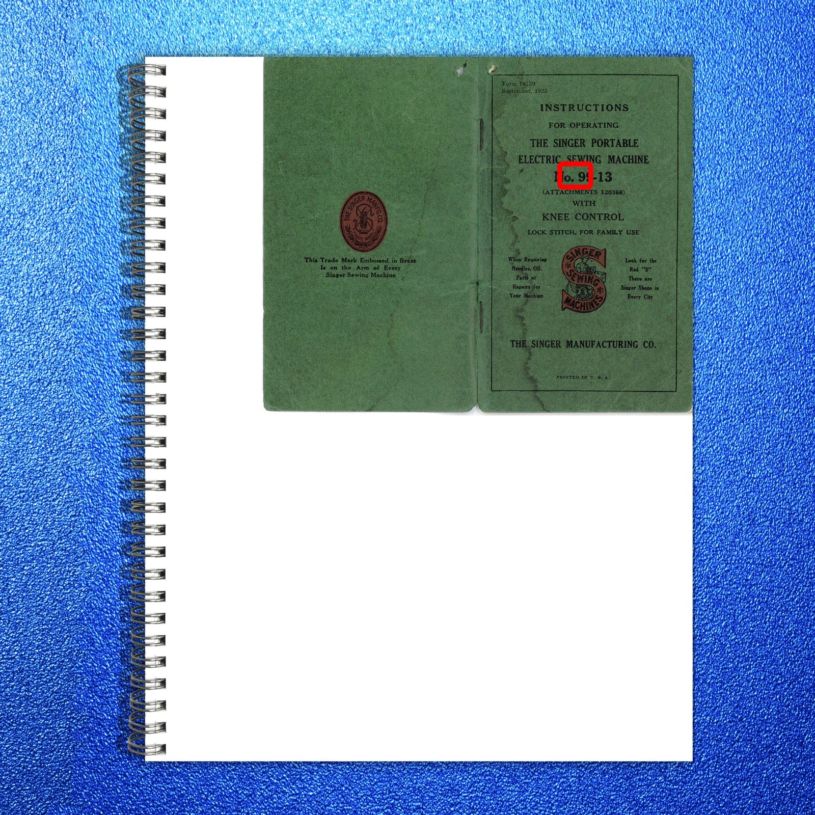 SINGER 99-13 Sewing Machine Operating Instructions Manual 1925 - WIRE BOUND