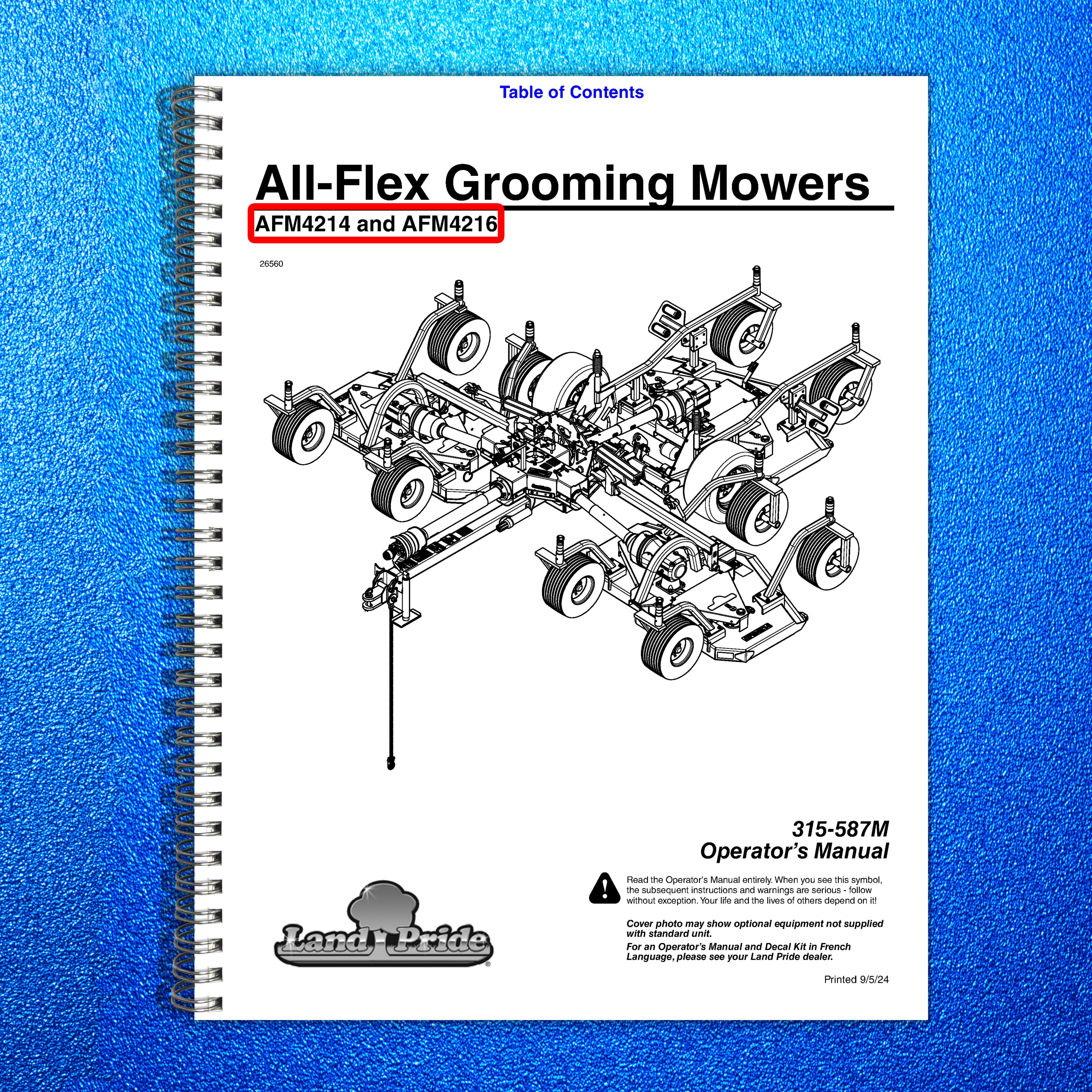 LAND PRIDE AFM4214 AFM4216 All-Flex Grooming Mowers Operators Manual 2024