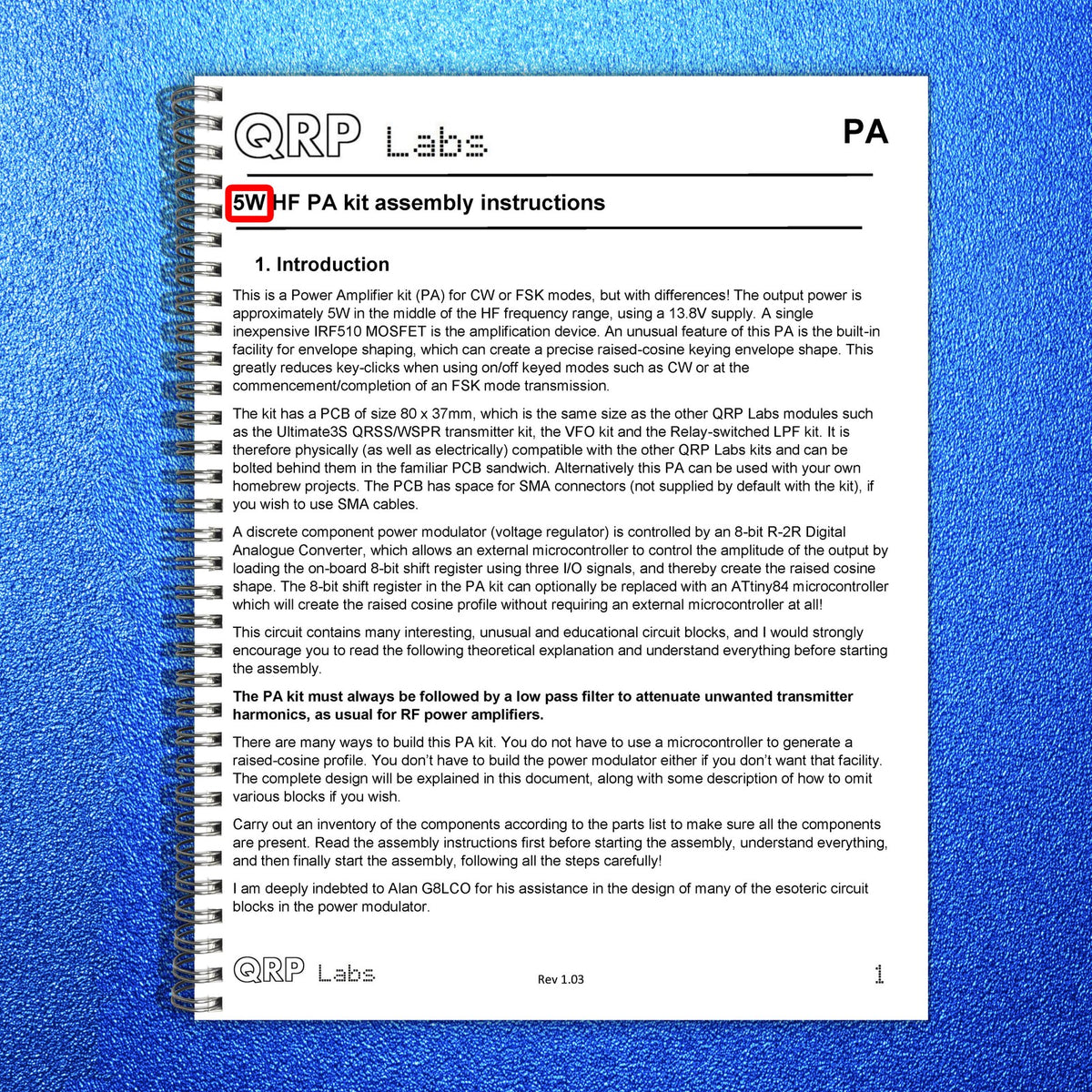 QRP LABS PA 5W HF Kit Assembly Instructions Manual 2016 - WIRE BOUND - COVERS