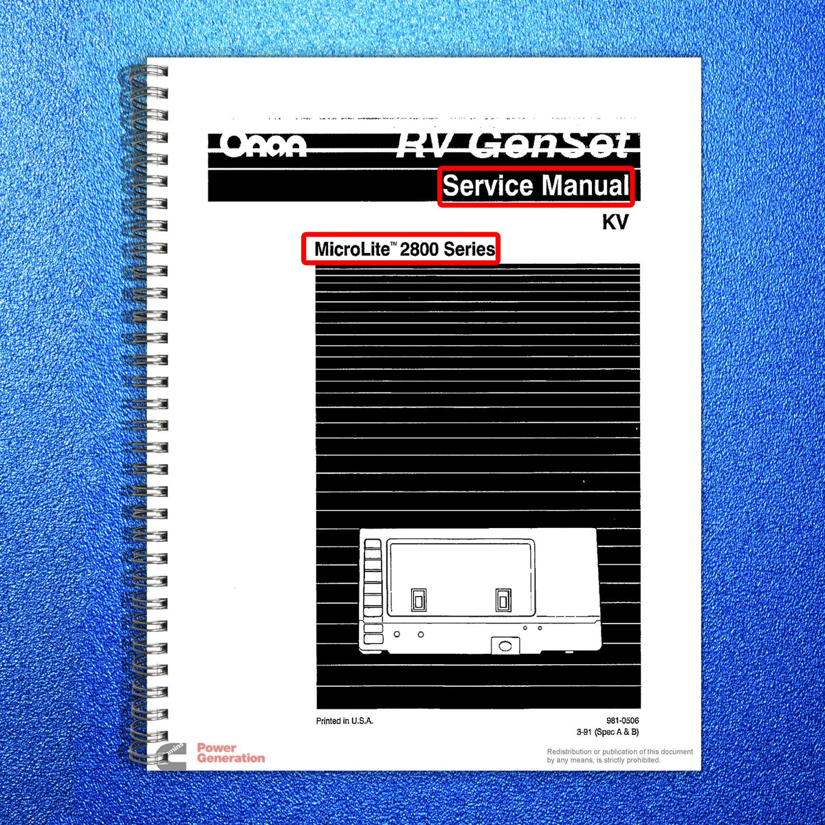 ONAN MicroLite 2800 Spec A B RV Generator Service Manual 1991 - WIRE BOUND