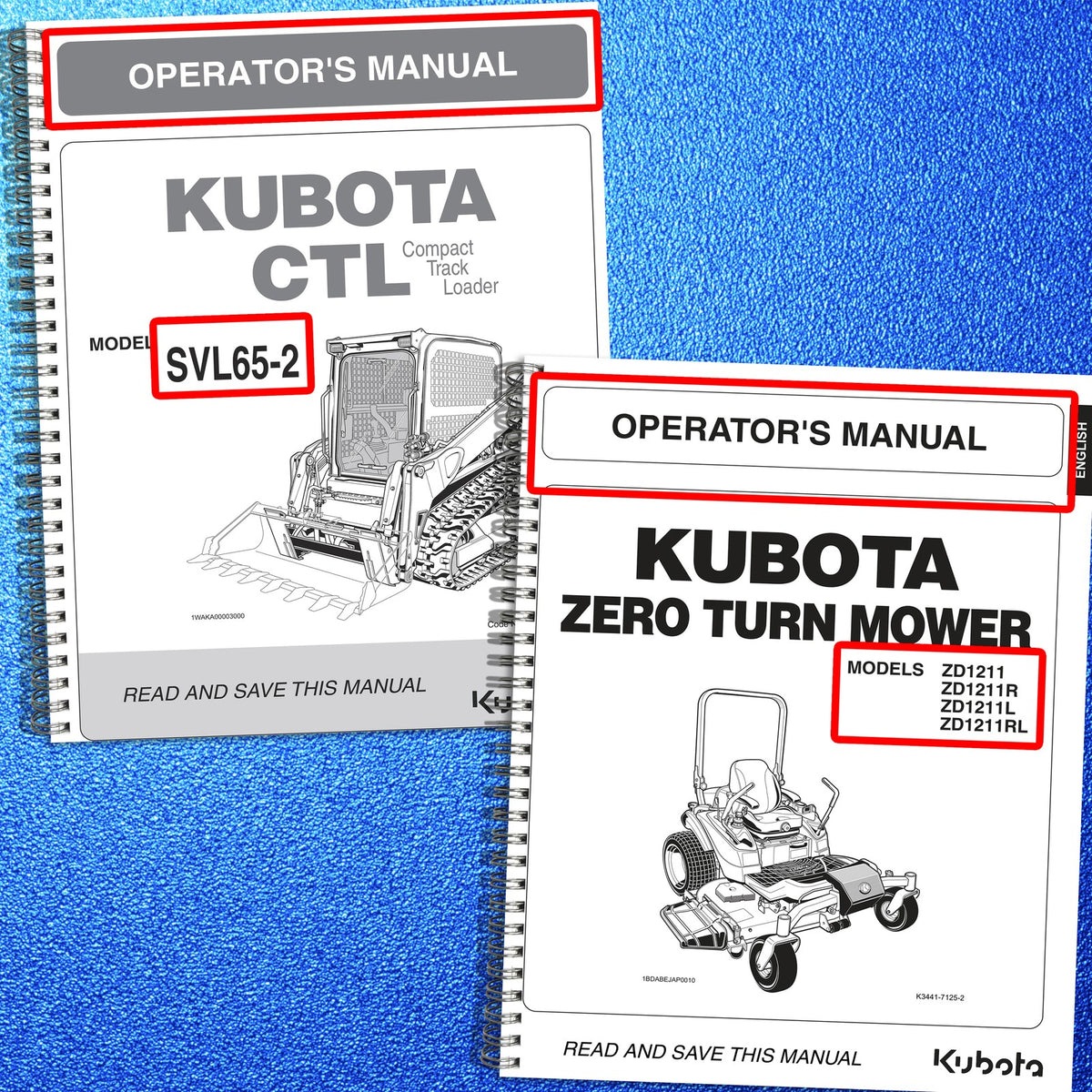 KUBOTA SVL65-2 ZD1211 ZD1211R ZD1211L ZD1211RL Operators Manual BUNDLE