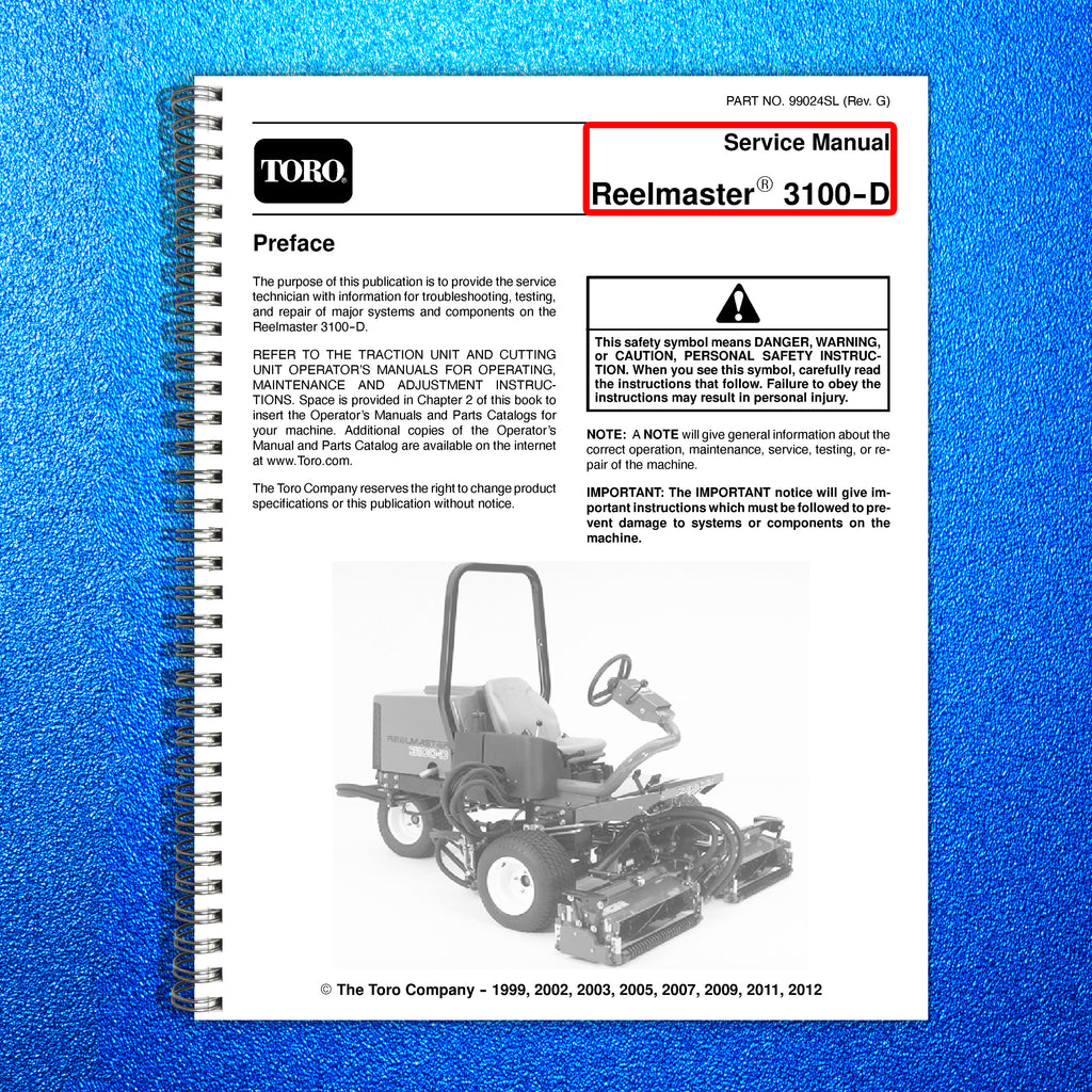 TORO REELMASTER 3100-D SERVICE MNAUAL - STEEL WIRE BOUND - PROTECTIVE COVERS