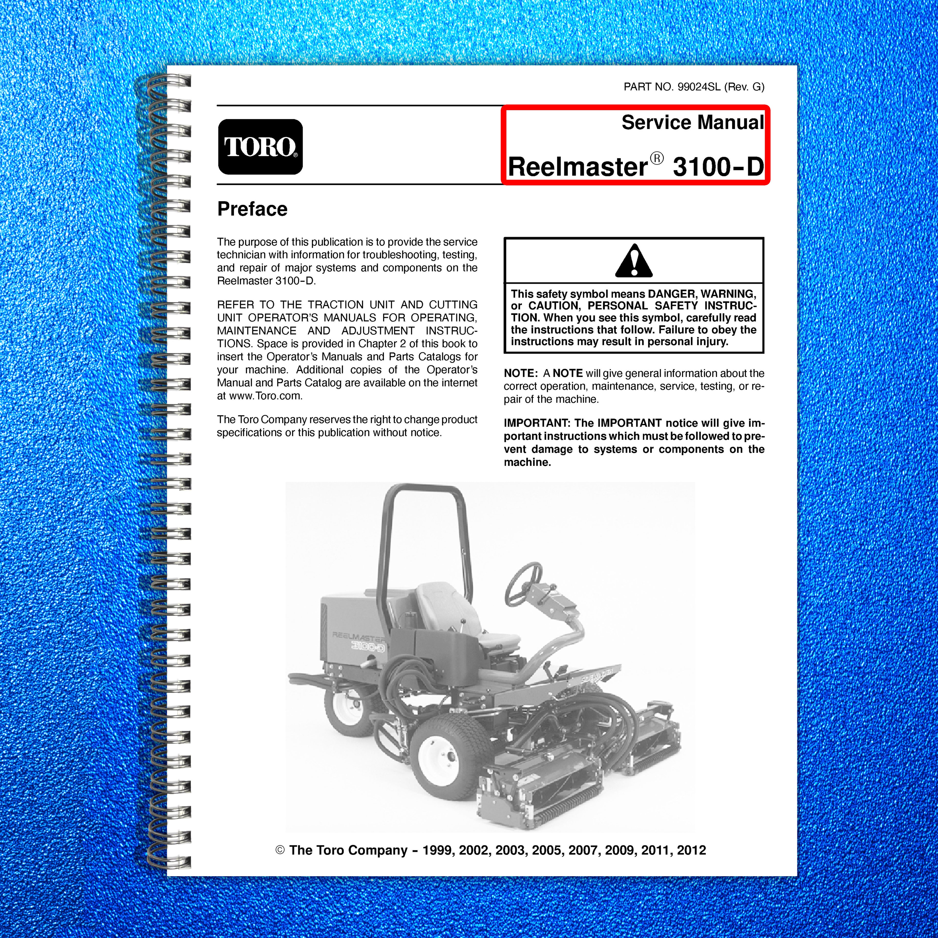 TORO REELMASTER 3100-D SERVICE MNAUAL - STEEL WIRE BOUND - PROTECTIVE COVERS