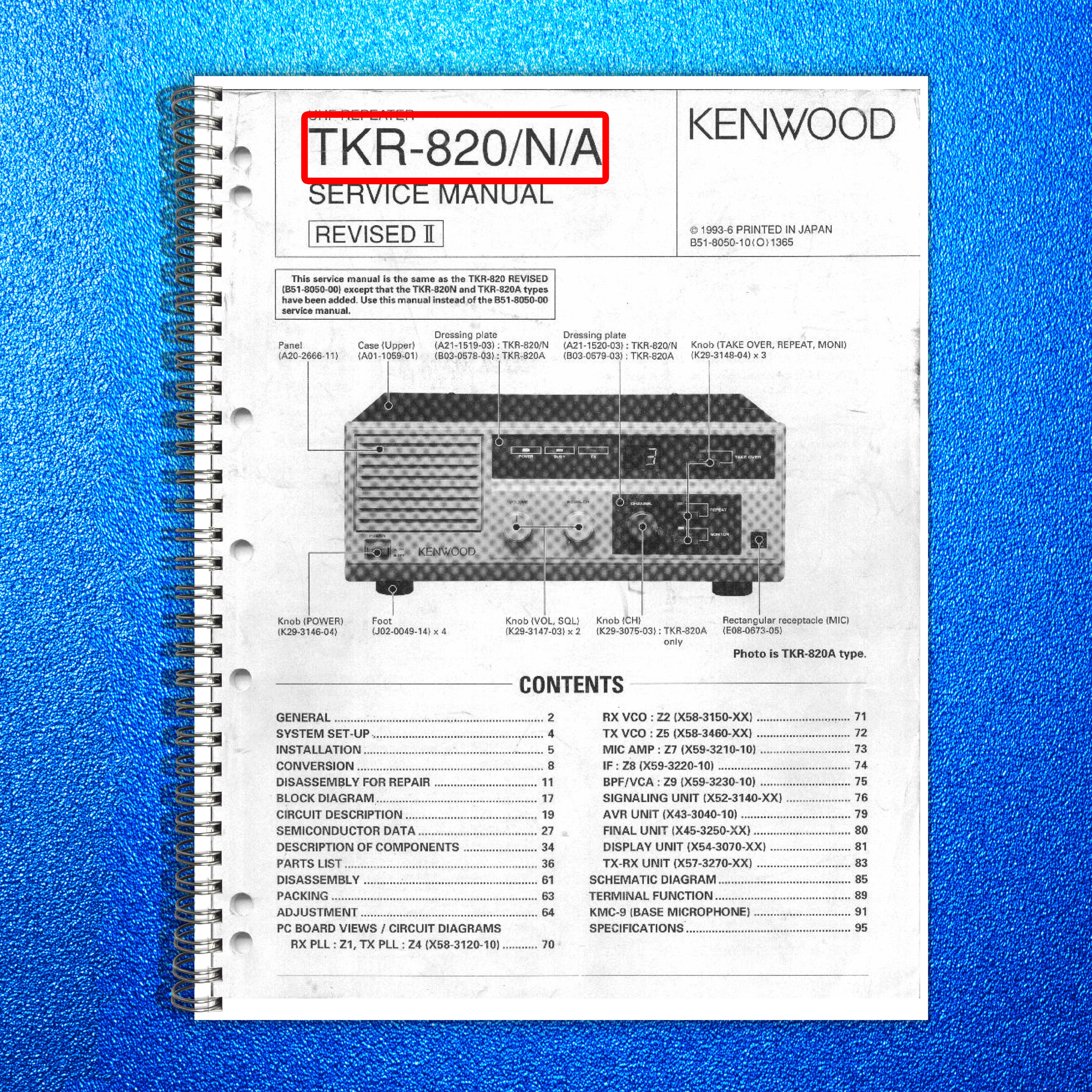 KENWOOD TKR-820 UHF Repeater Service Manual - STEEL WIRE BOUND - TOUGH COVERS
