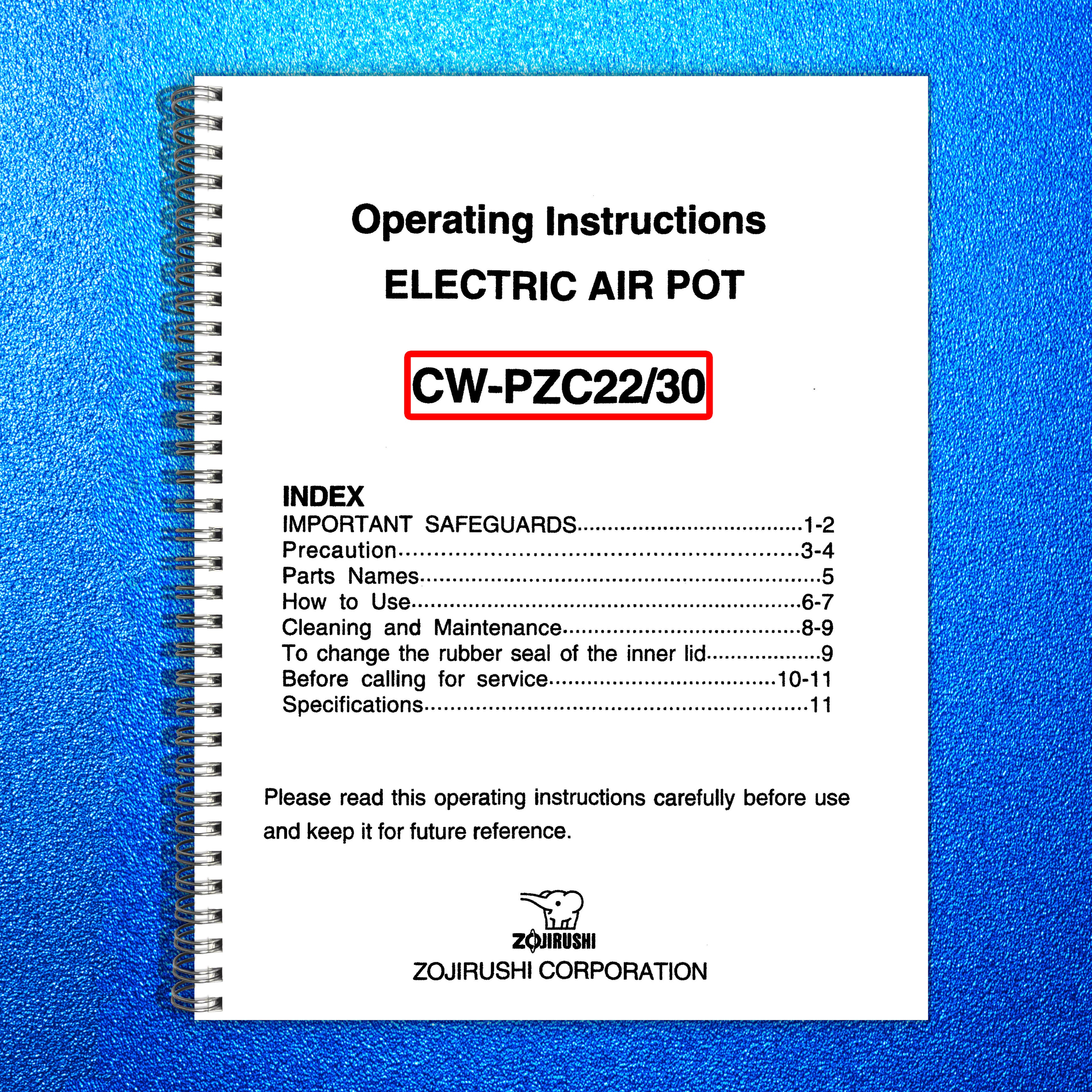ZOJIRUSHI CW-PZC22 CW-PZC30 Electric Air Pot Operating Instructions Manual