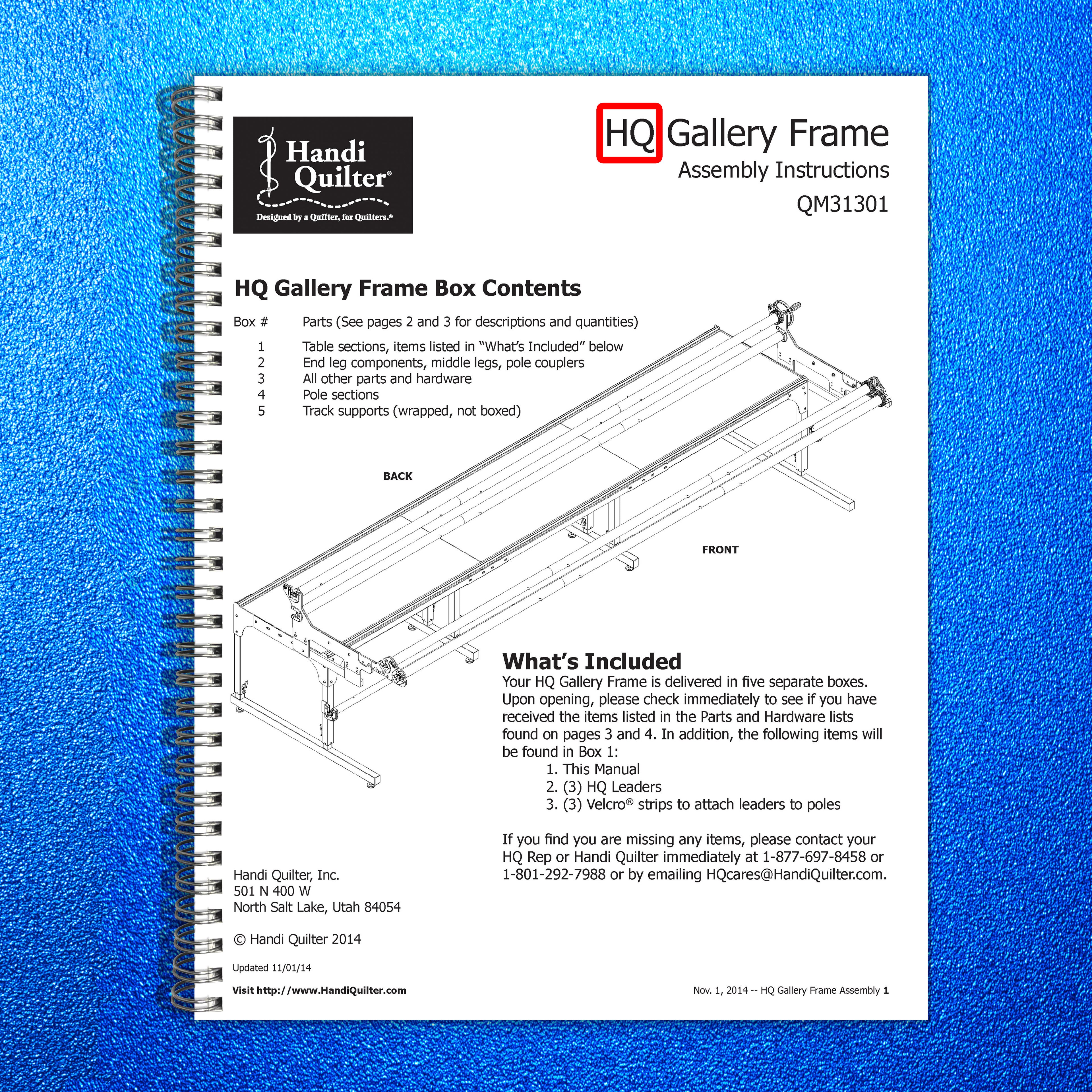 HANDI QUILTER HQ Gallery Frame Assembly Instructions Manual 2014 - WIRE BOUND