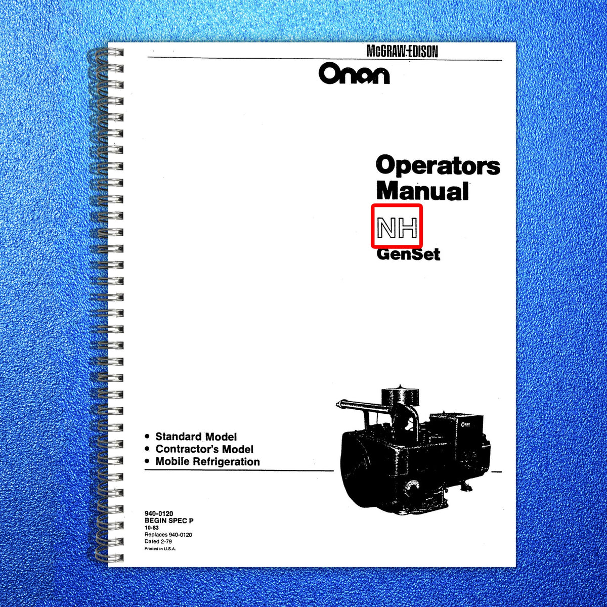 ONAN NH GenSet Operators Manual 1983 - STEEL WIRE BOUND - PROTECTIVE COVERS