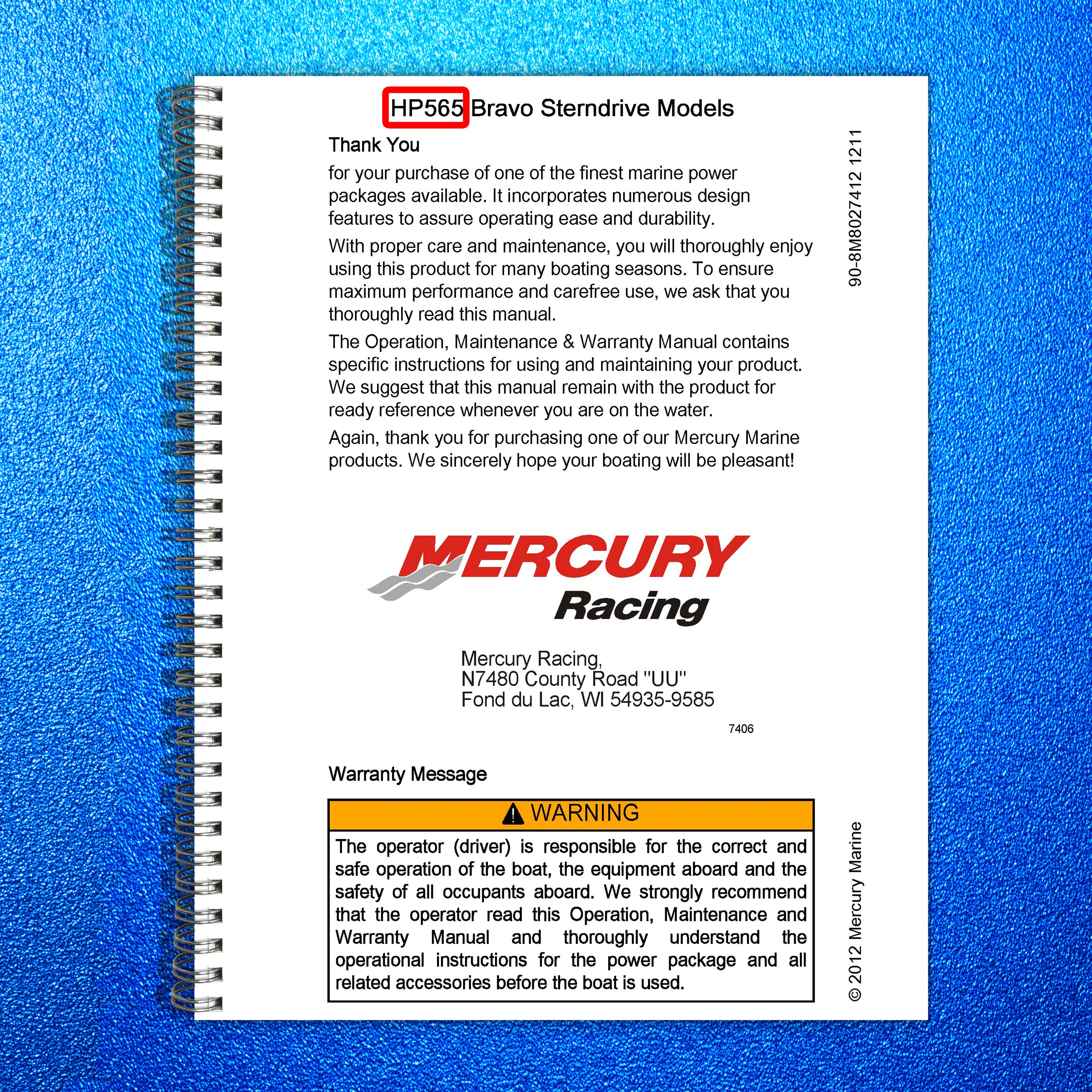 MERCURY RACING HP565 Bravo Sterndrive Owners Manual - WIRE BOUND - TOUGH COVERS