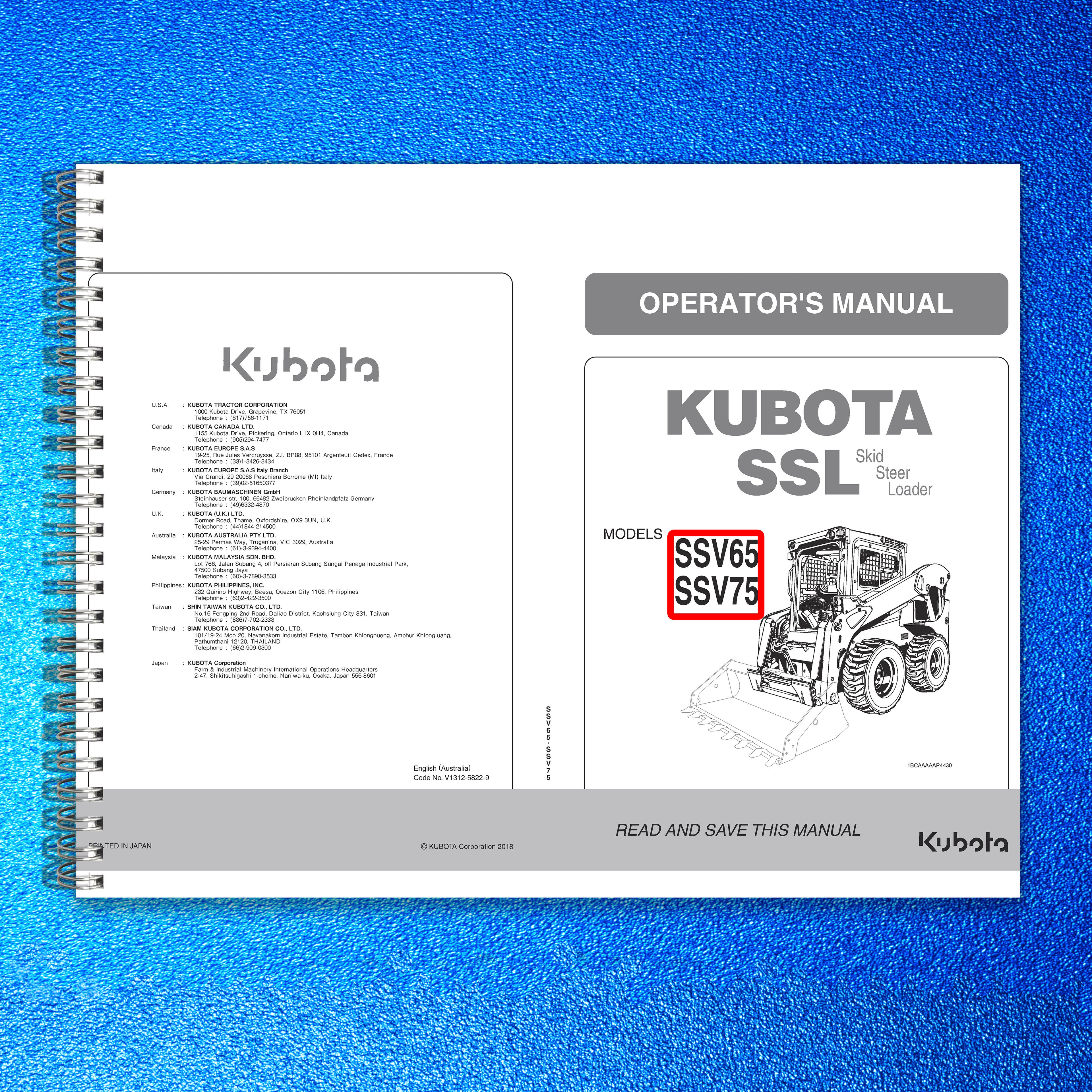 KUBOTA SSV65 SSV75 Skid Steer Loader Operators Manual, BOUND, COVERS, FOLDOUTS