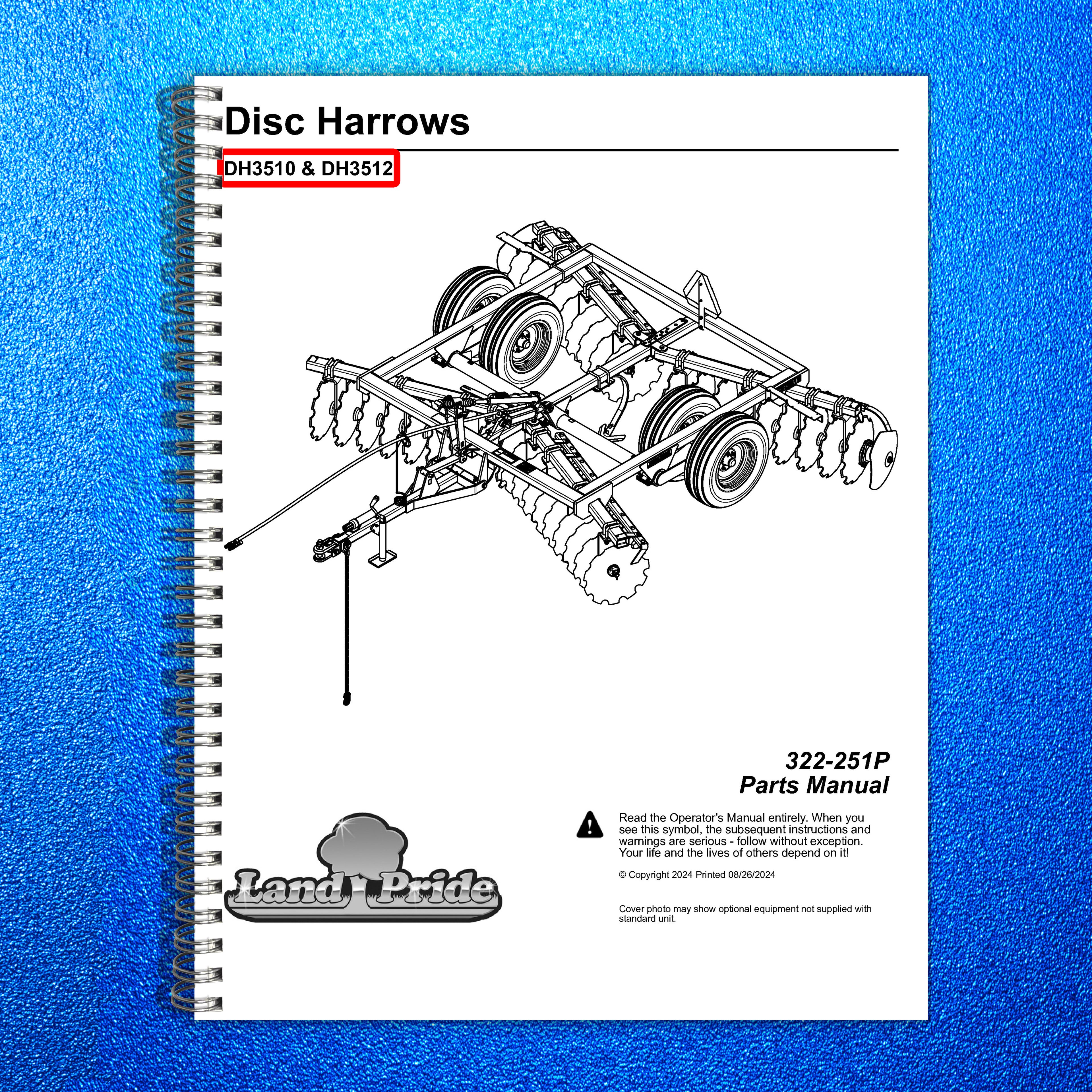 LAND PRIDE DH35 Series Disc Harrows Parts Manual 2024 - WIRE BOUND - COVERS