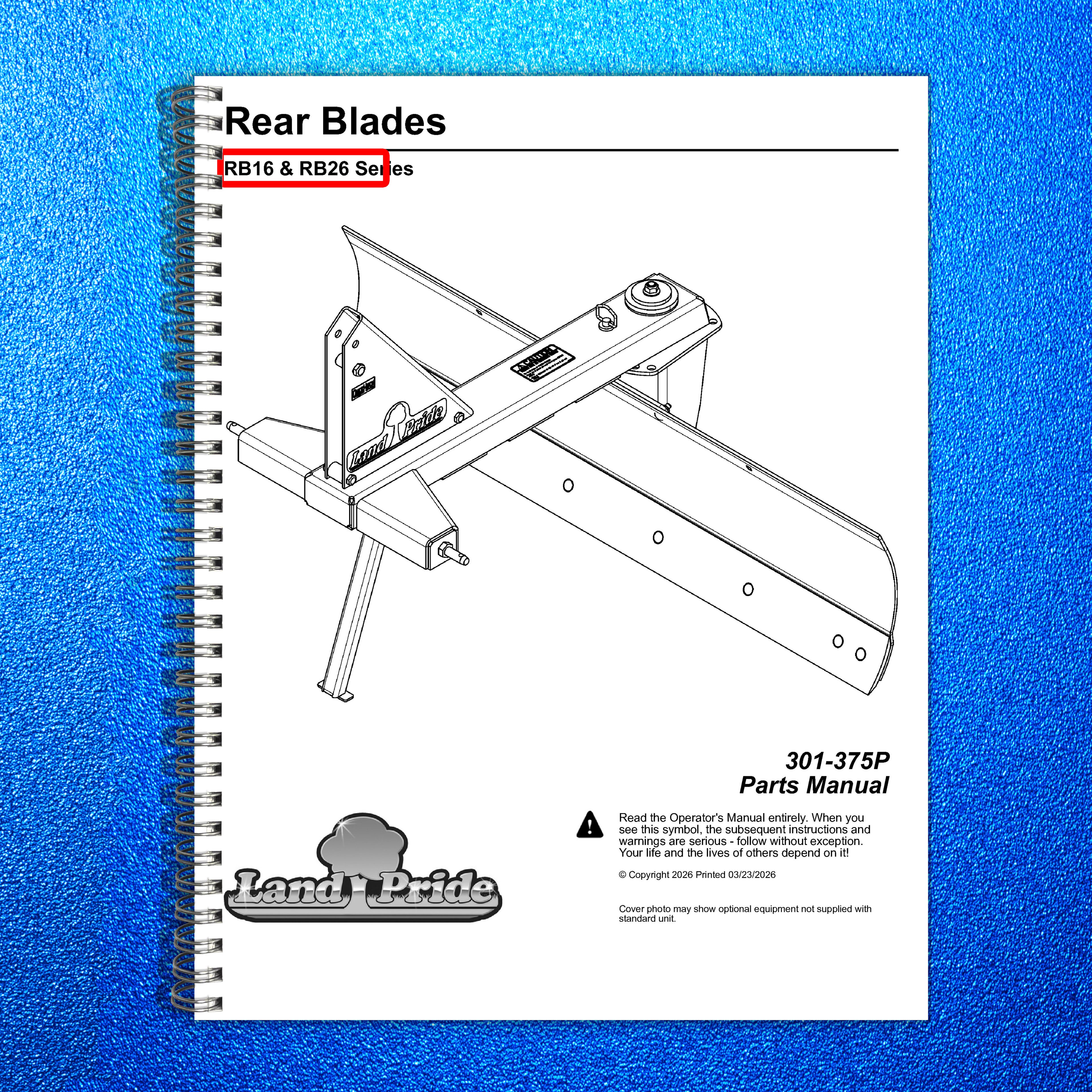 LAND PRIDE RB16 Series Rear Blades Parts Manual 2026 - WIRE BOUND - TOUGH COVERS