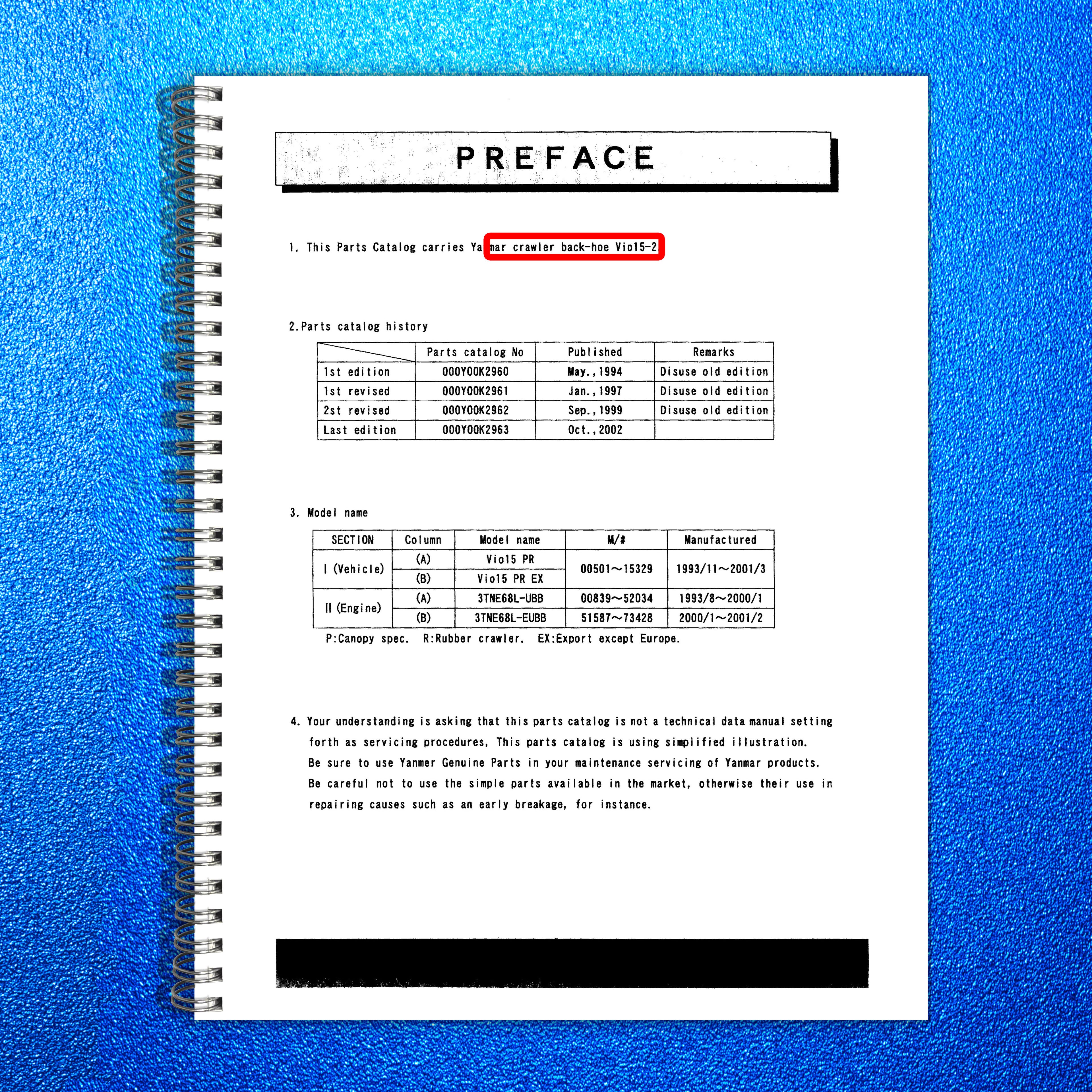 YANMAR ViO15-2 Excavator Parts Catalog Manual - BOUND - COVERS - XL FOLDOUTS