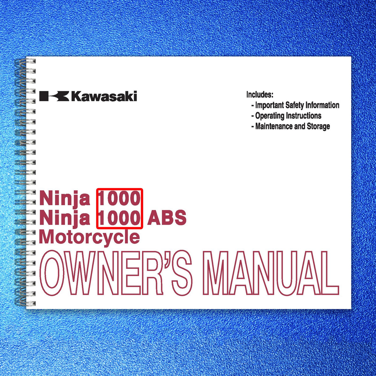 KAWASAKI Ninja 1000 ABS Motorcycle Owners Manual 2012 - WIRE BOUND - COVERS