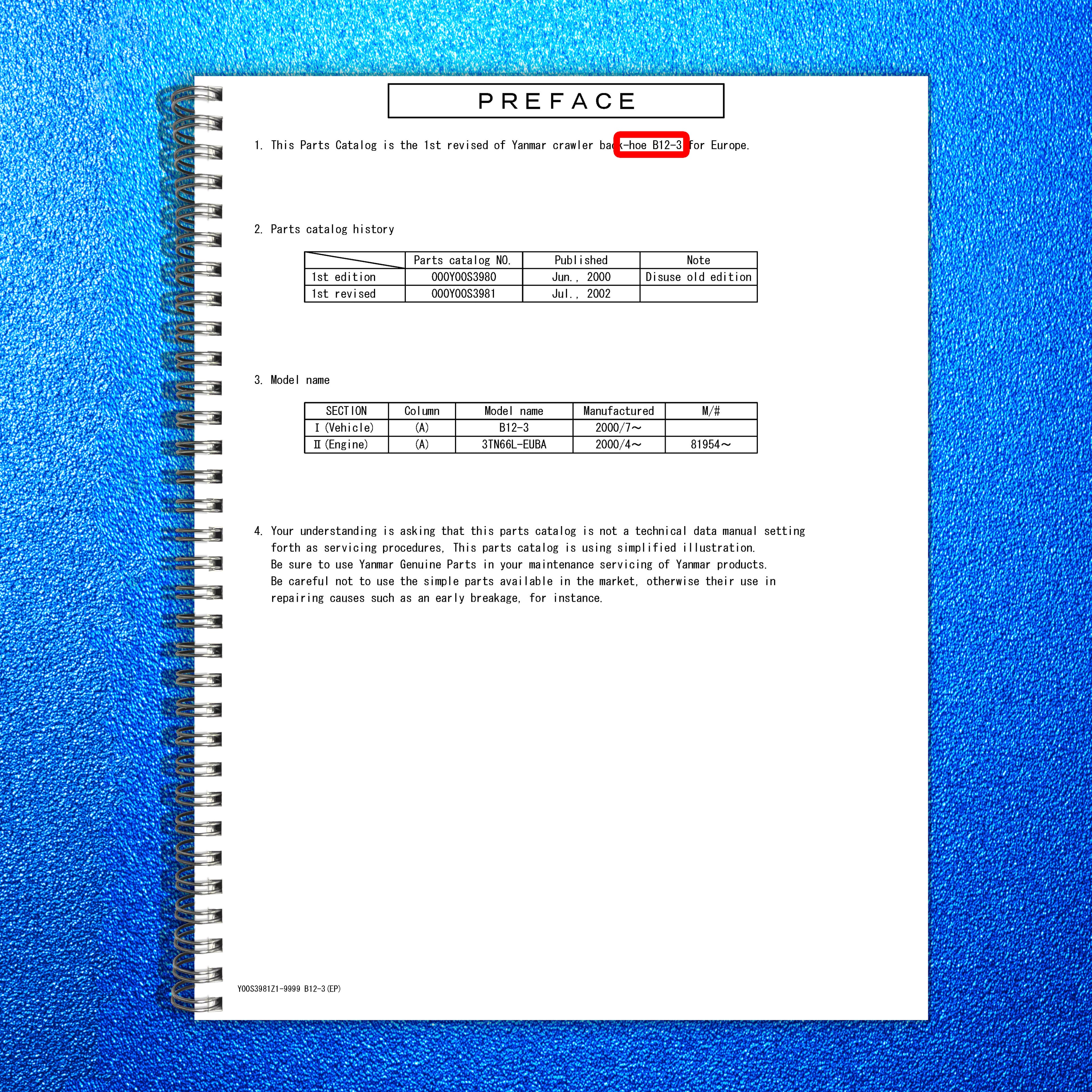 YANMAR B12-3 Crawler Back-Hoe Parts Catalog Manual - BOUND - COVERS - FOLDOUTS
