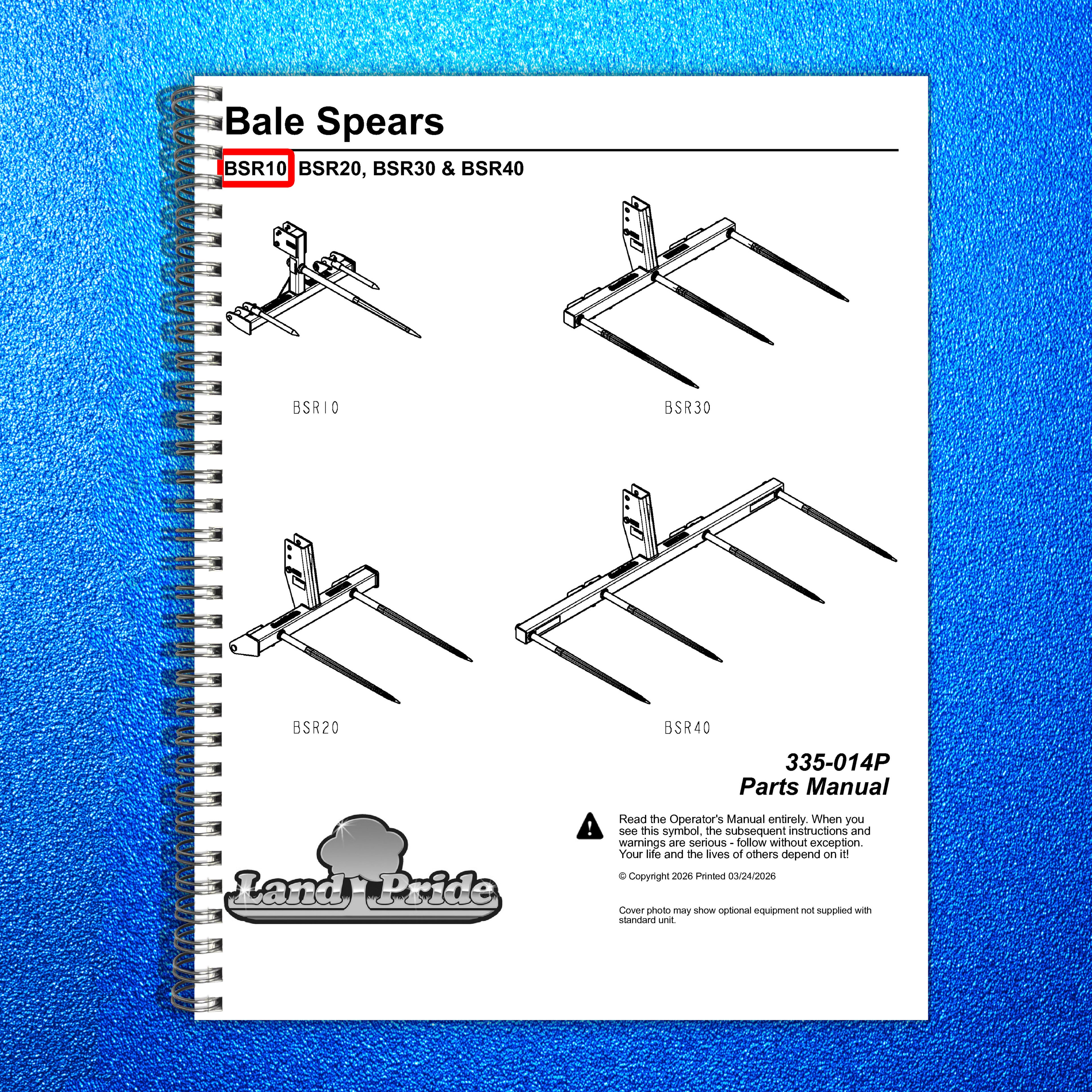LAND PRIDE BSR10 Series Bale Spears Parts Manual 2026 - WIRE BOUND - COVERS