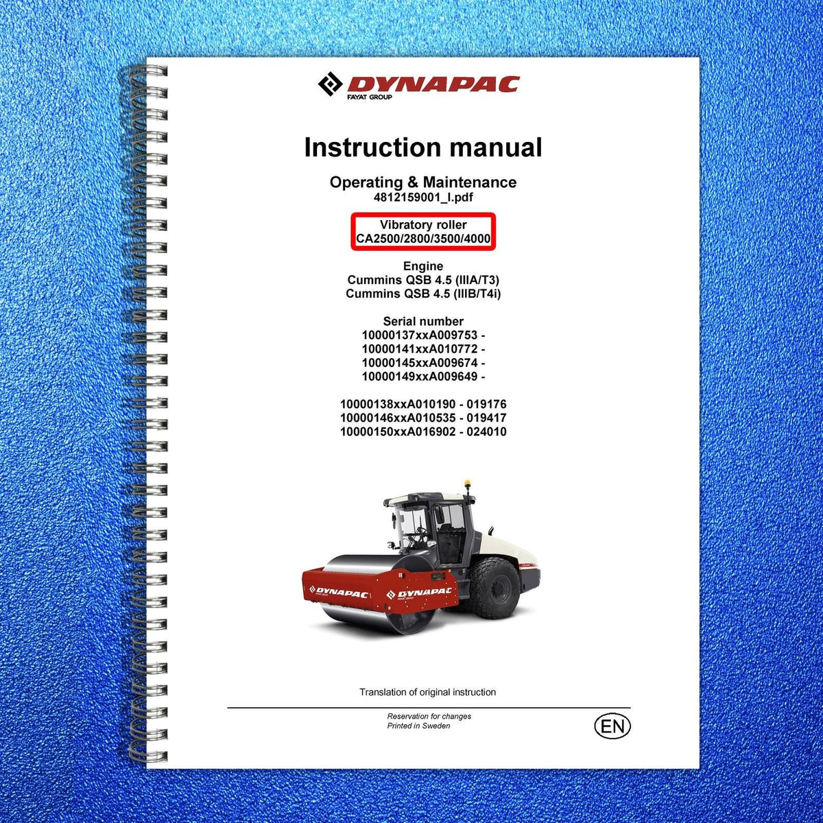 DYNAPAC CA2500 CA2800 CA3500 CA4000 Vibratory Roller Maintenance Manual - BOUND