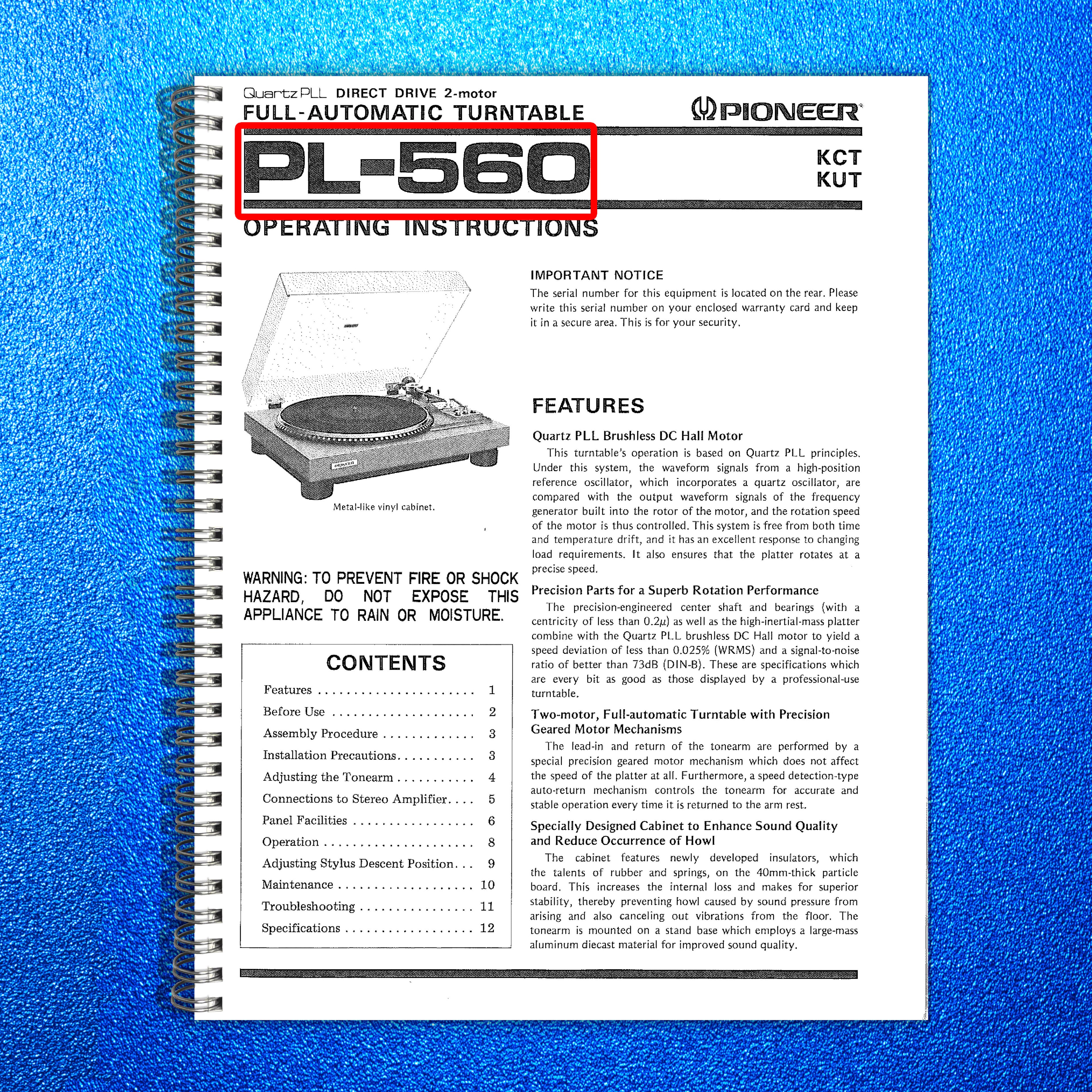 PIONEER PL-560 Turntable User Manual - STEEL WIRE BOUND - PROTECTIVE COVERS
