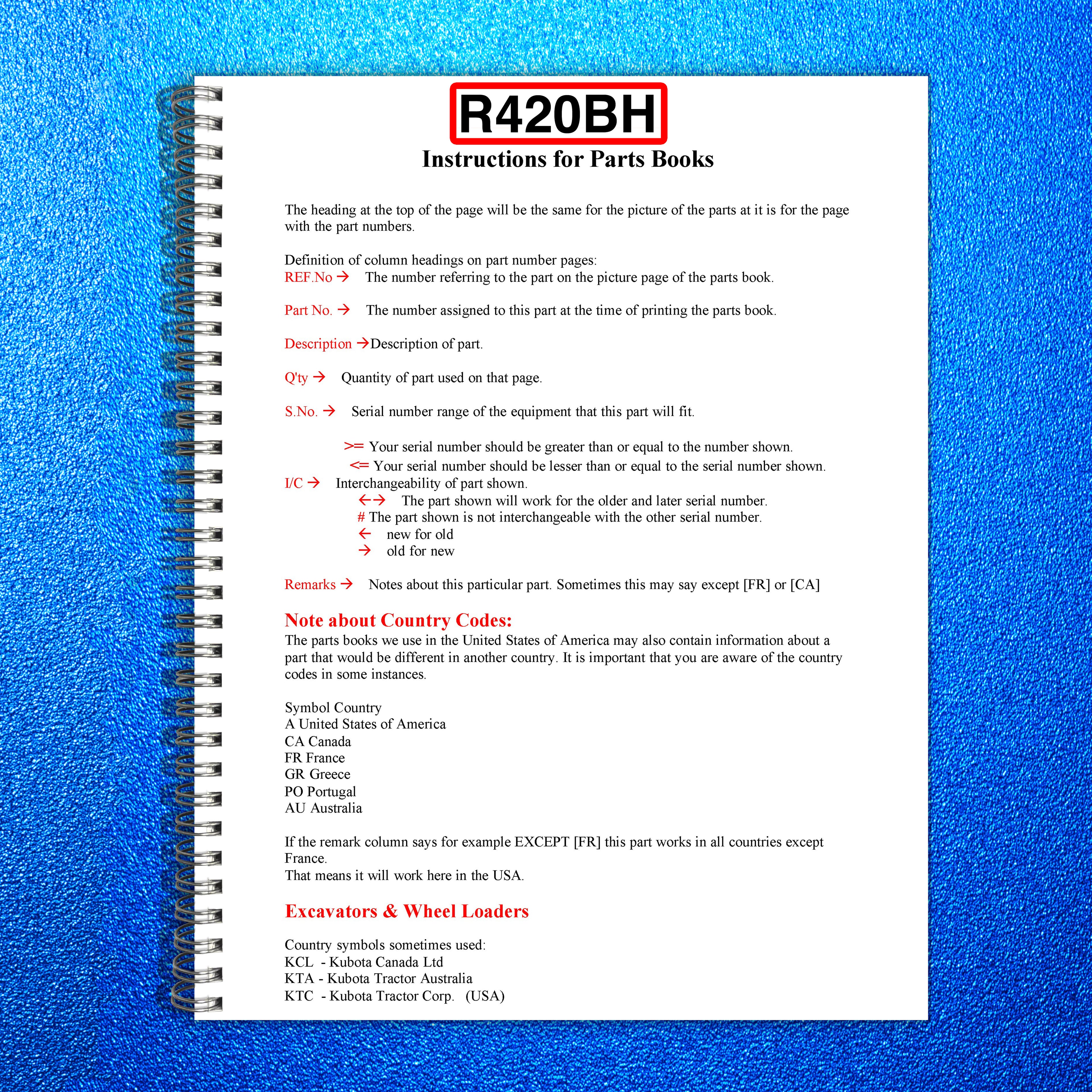 KUBOTA R420BH Backhoe Loader Parts Manual - STEEL WIRE BOUND - PROTECTIVE COVERS