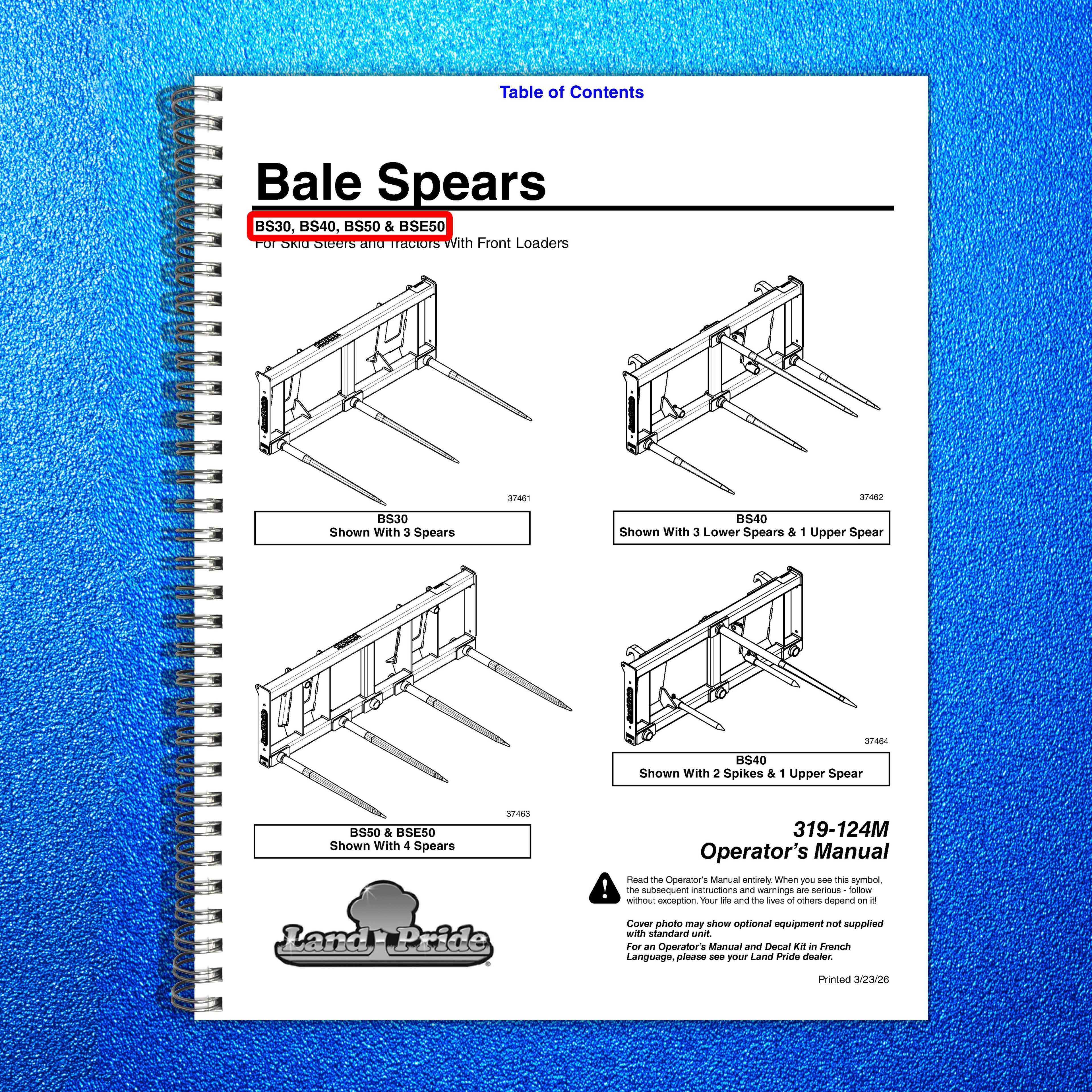 LAND PRIDE BS30 BS40 BS50 BSE50 Bale Spears Operators Manual - WIRE BOUND
