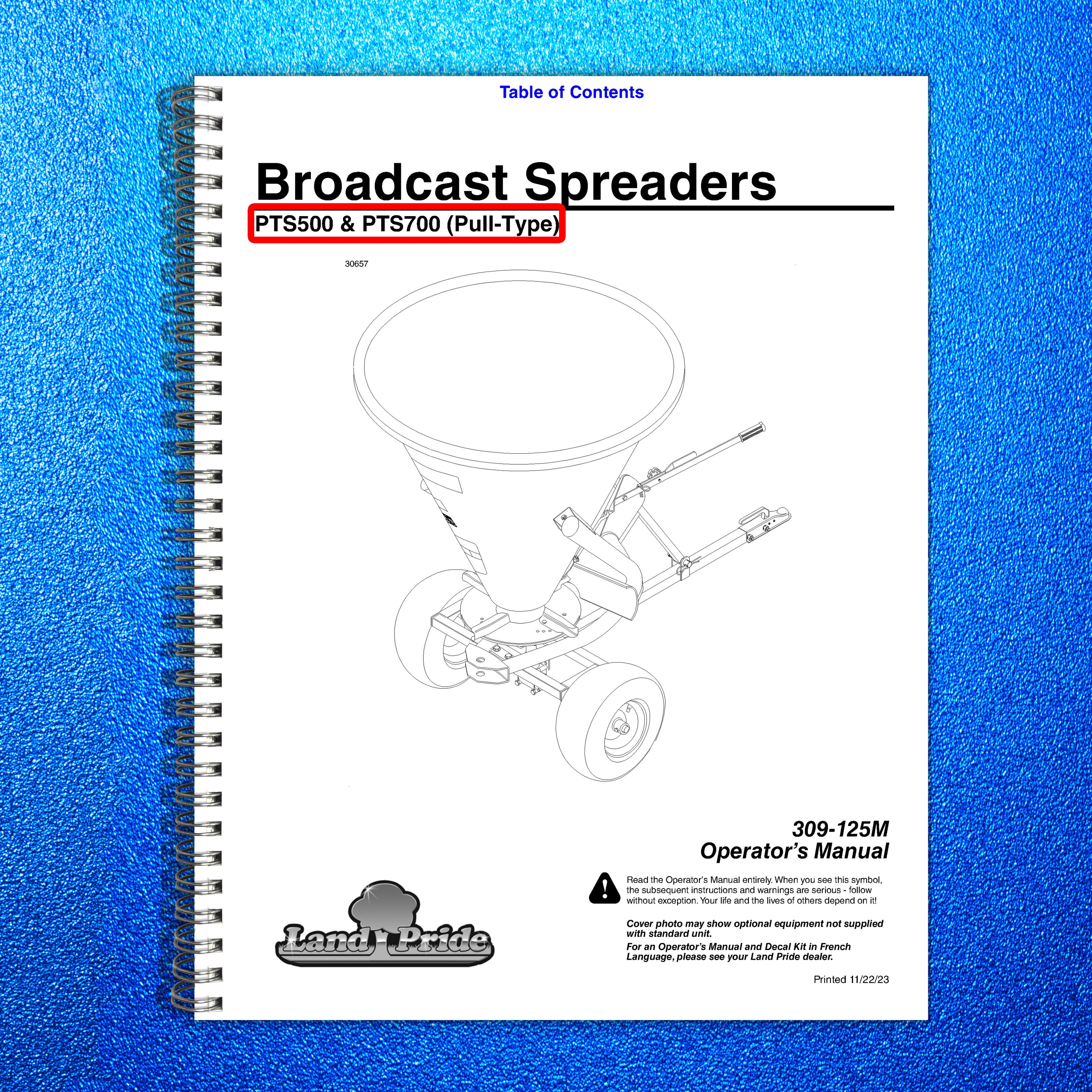 LAND PRIDE PTS Series Pull-type Spreaders Operators Manual - WIRE BOUND - COVERS