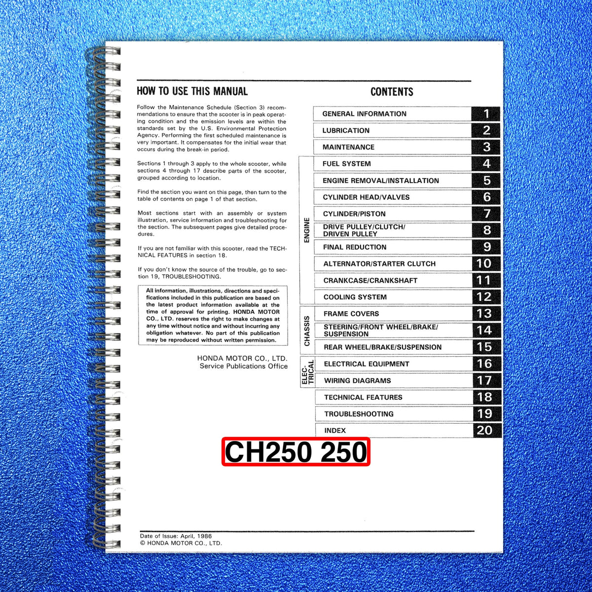 HONDA CH250 Elite 250 Scooter Service Manual 1986 - BOUND - COVERS - XL FOLDOUTS