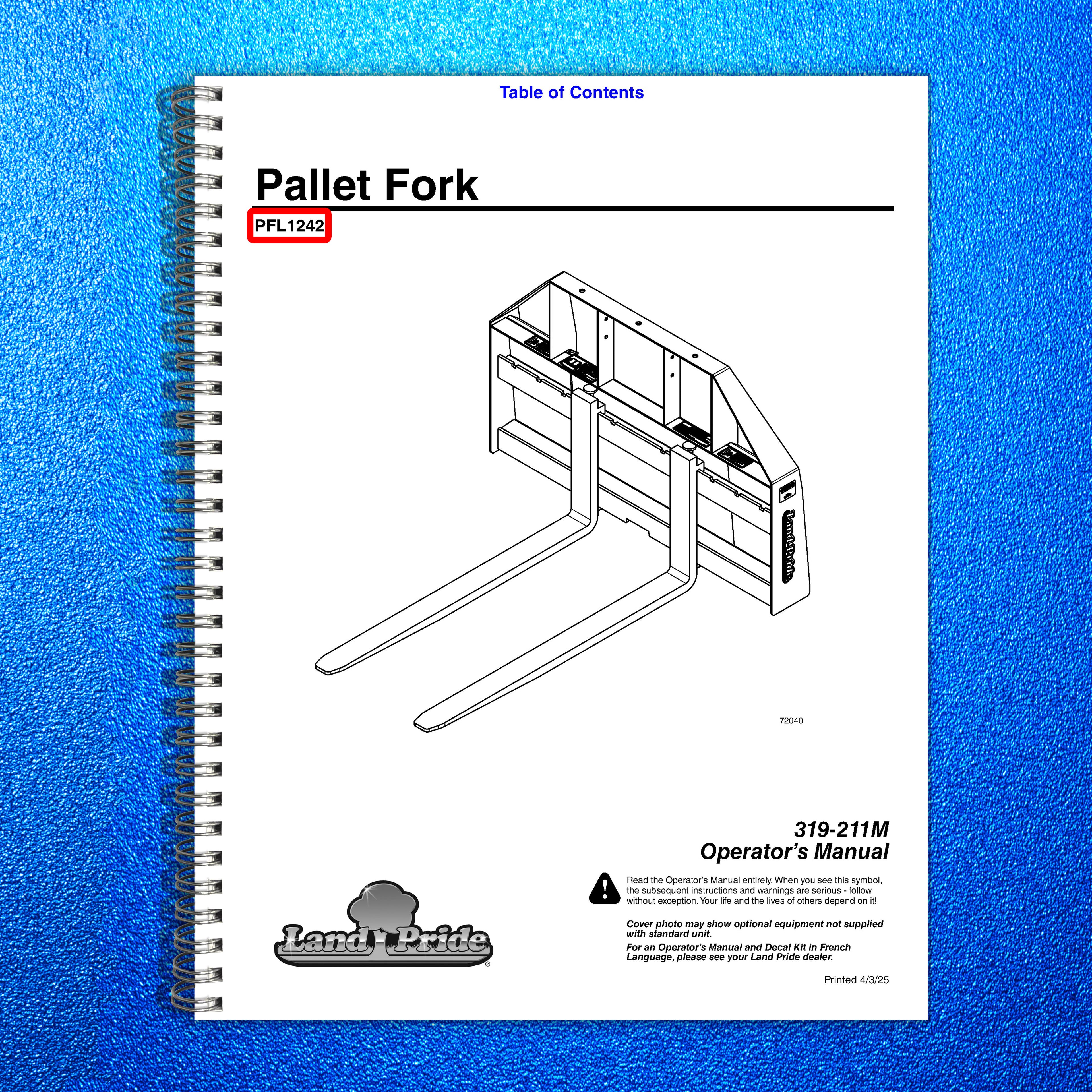 LAND PRIDE PFL12 Series Pallet Forks Operators Manual - WIRE BOUND - COVERS