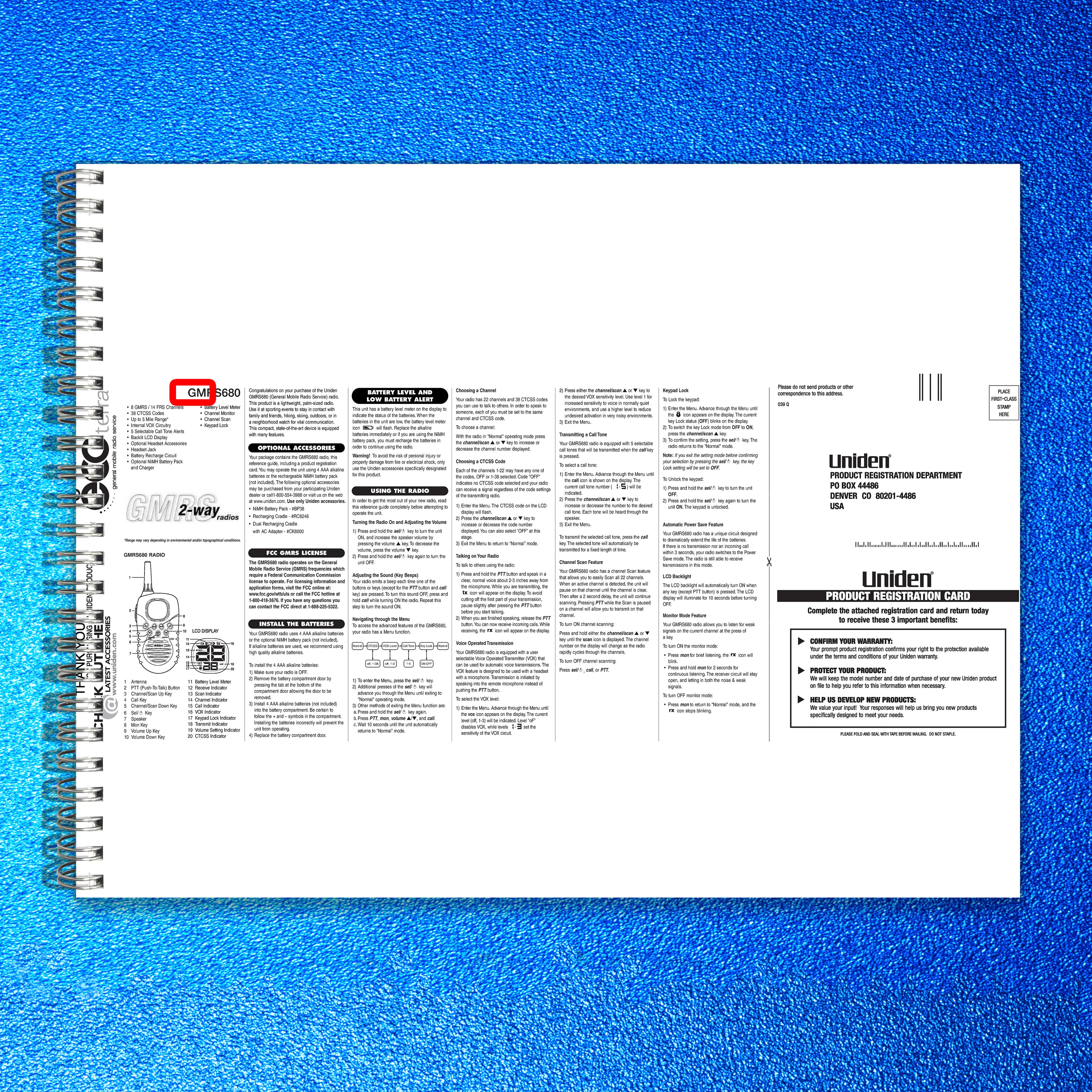UNIDEN GMRS680 Two-Way Radio Operating Manual - STEEL WIRE BOUND - TOUGH COVERS