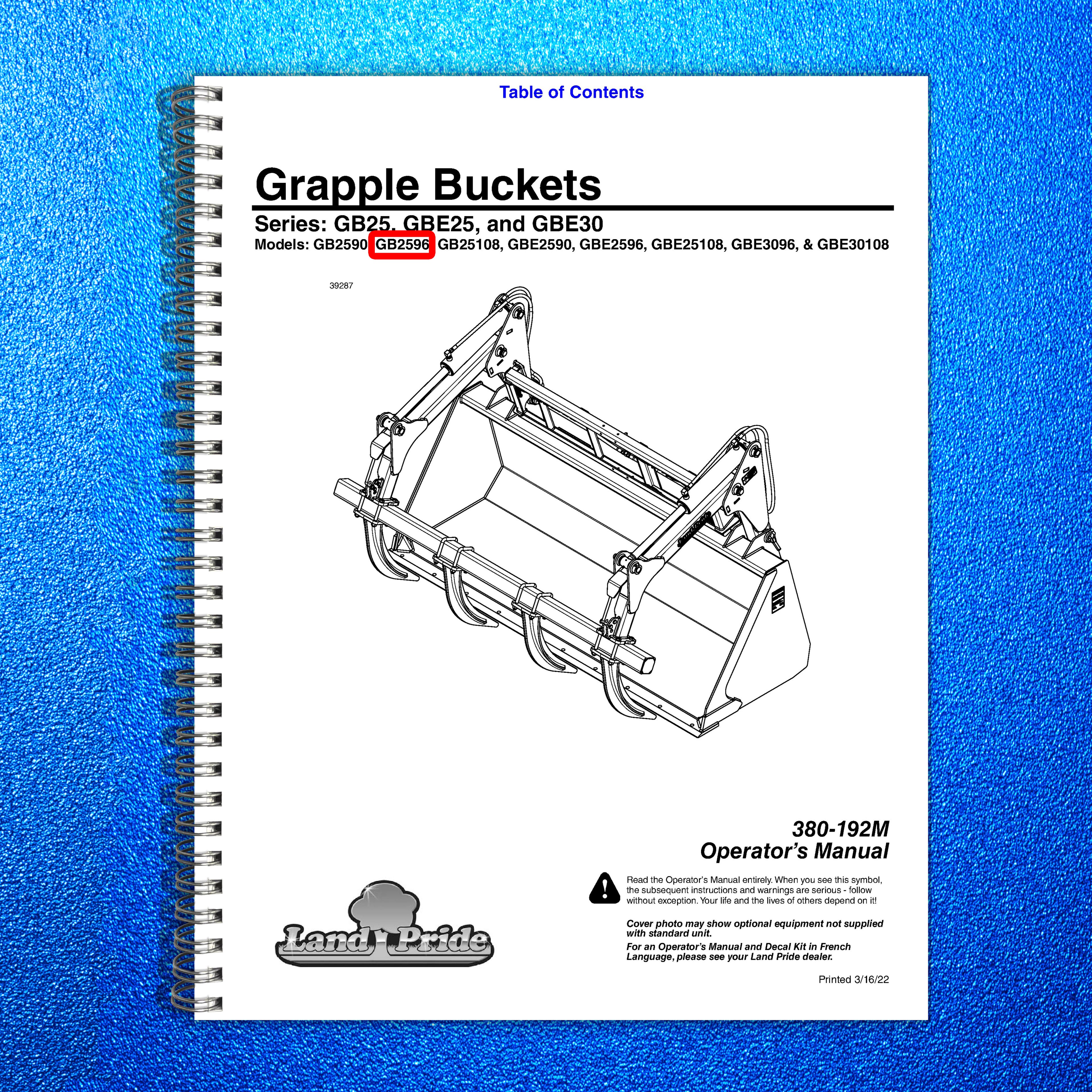 LAND PRIDE GB2596 Series Grapple Buckets Operators Manual - WIRE BOUND - COVERS