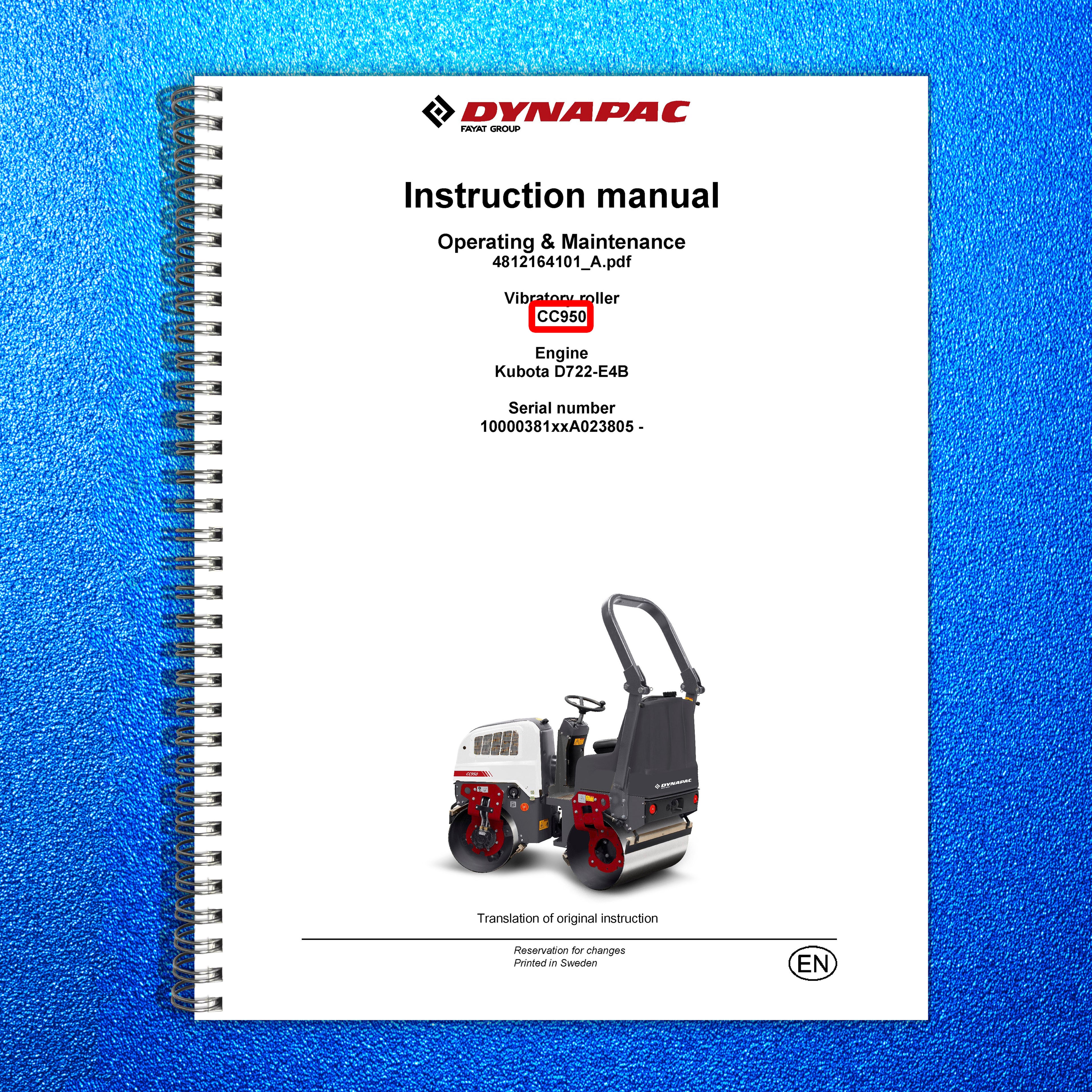 DYNAPAC CC950 Vibratory Roller Operating And Maintenance Manual - WIRE BOUND