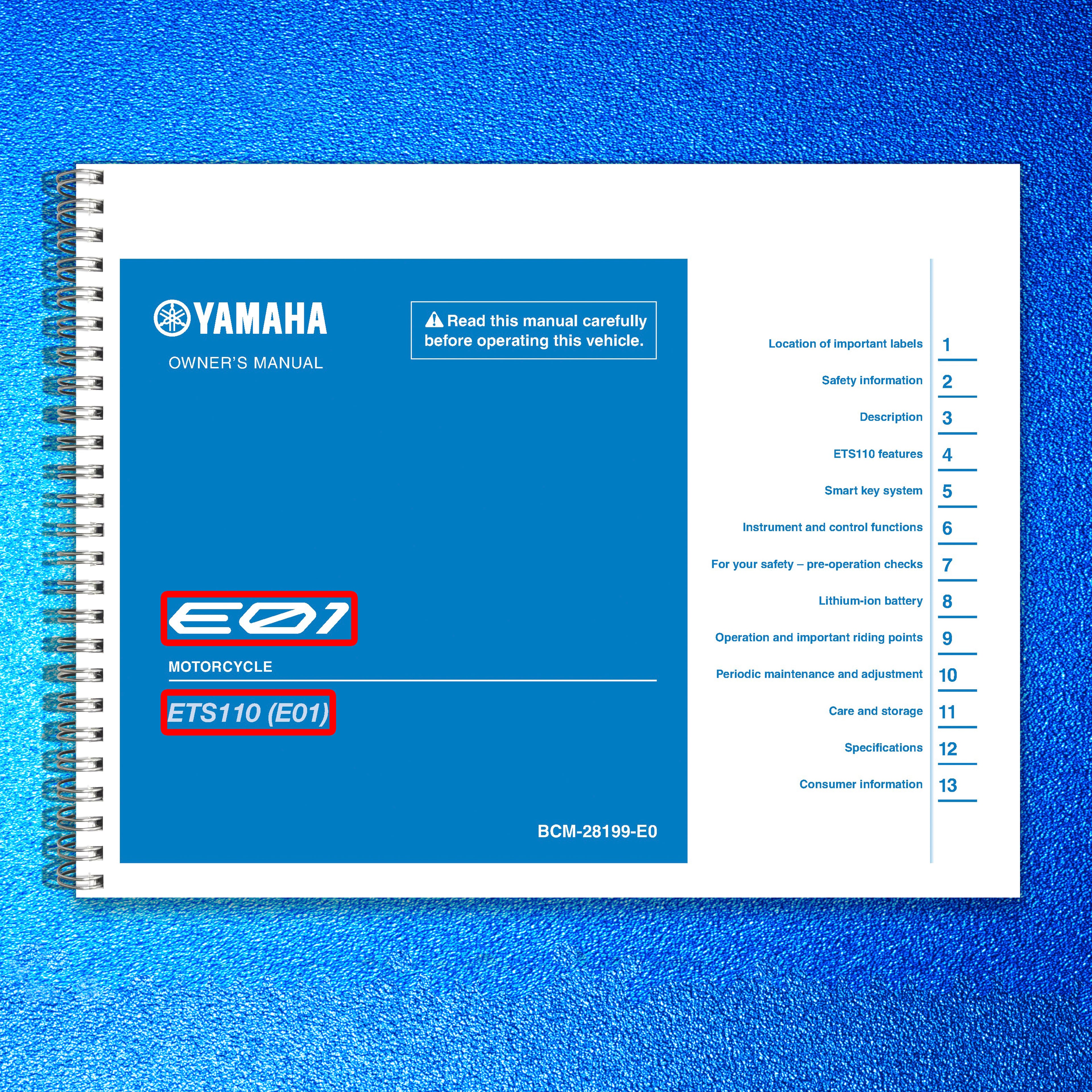 YAMAHA E01 ETS110 Motorcycle Owners Manual 2022 - WIRE BOUND - TOUGH COVERS